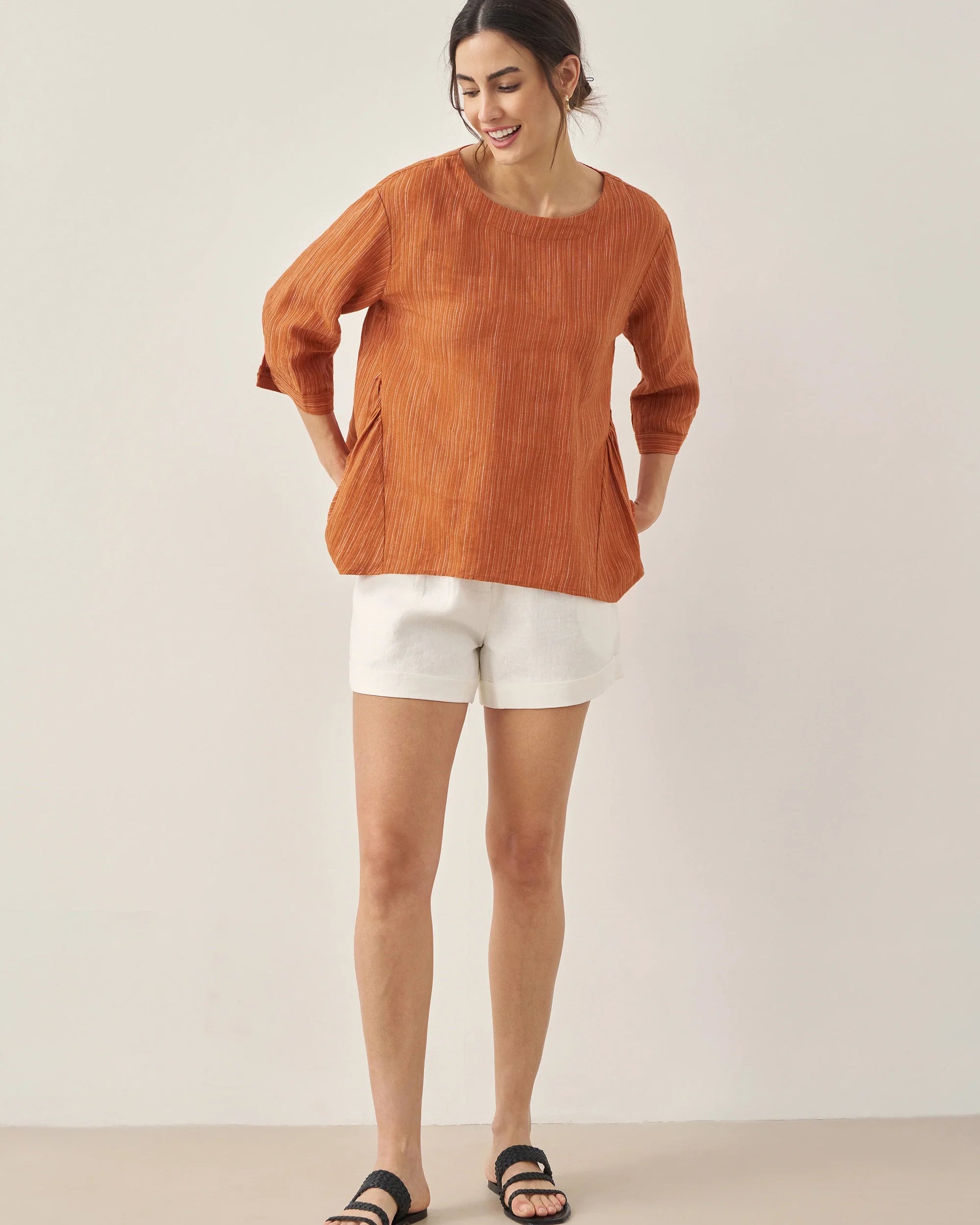 100% Linen Round Neck Artistic Stripe Top - TOPS-Linen Blouses