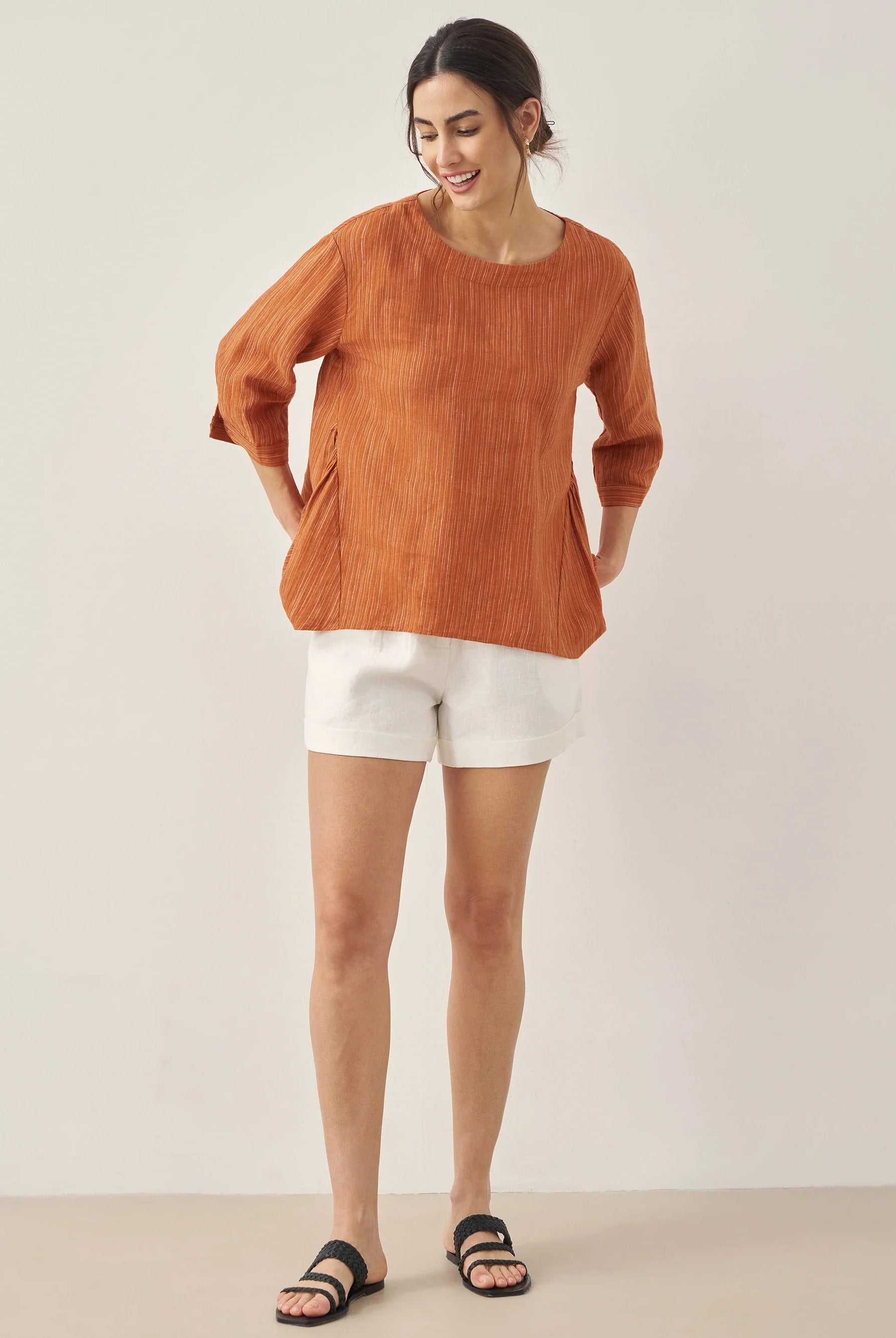 100% Linen Round Neck Artistic Stripe Top - TOPS-Linen Blouses