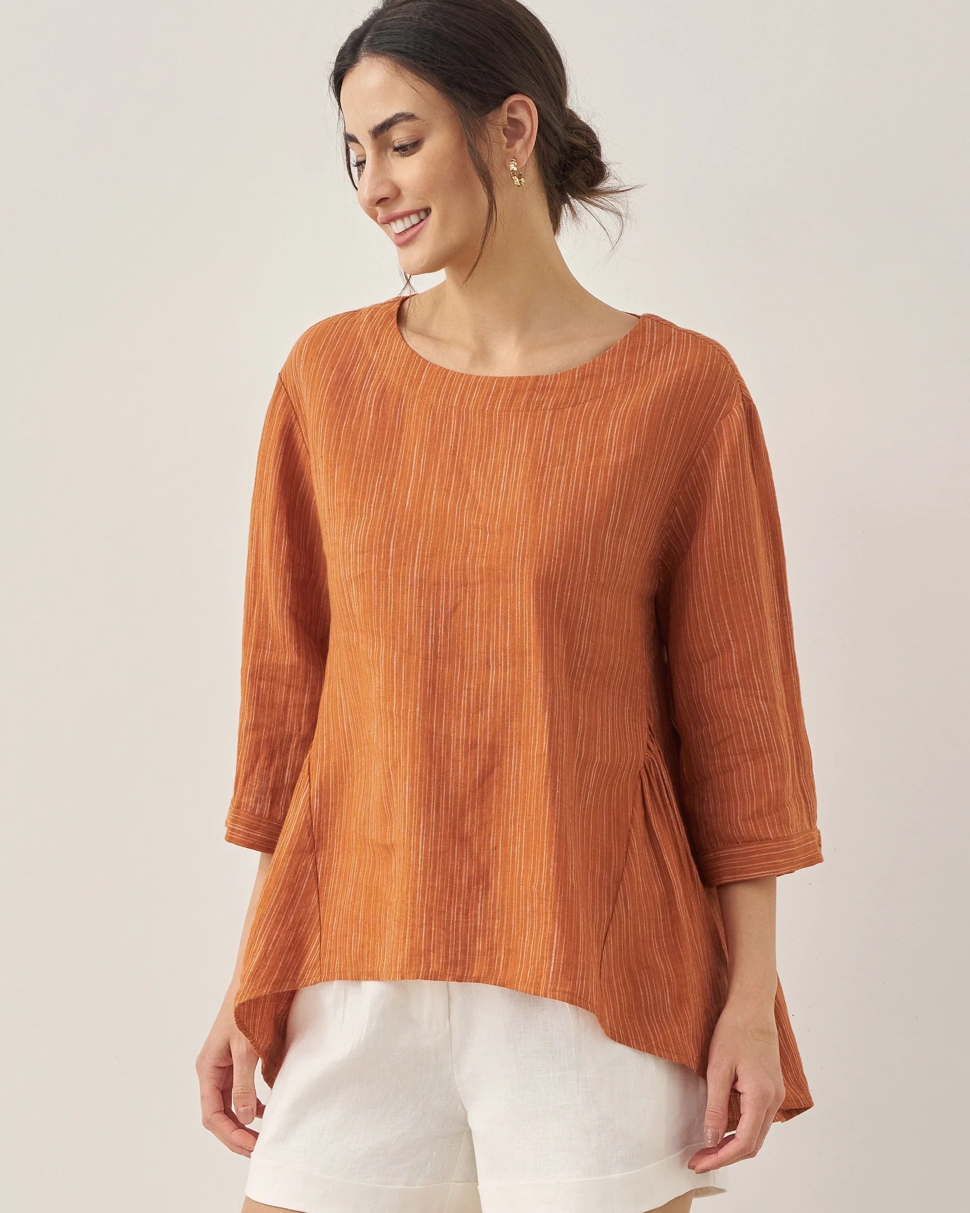 100% Linen Round Neck Artistic Stripe Top - Pumpkin / S - TOPS-Linen Blouses