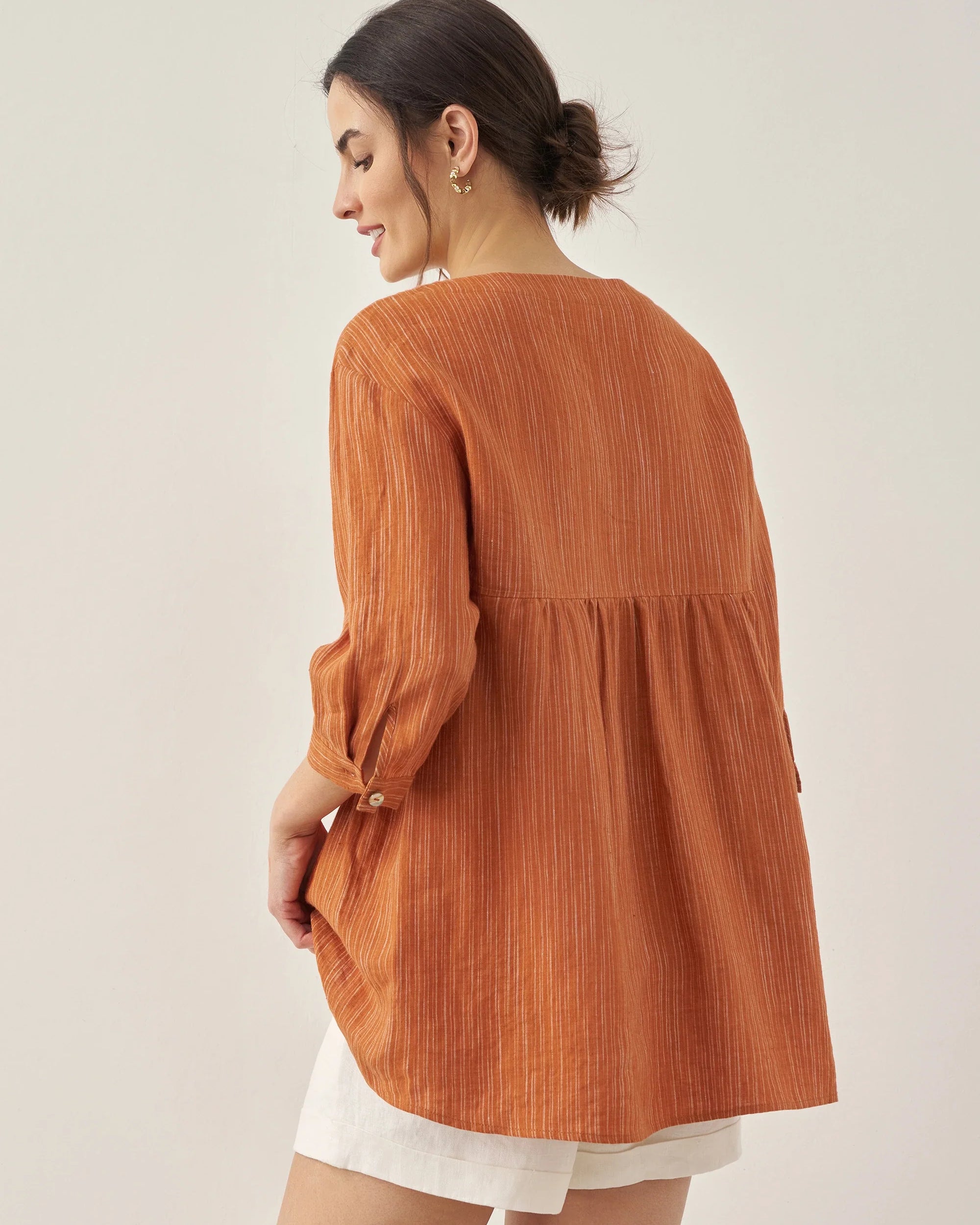 100% Linen Round Neck Artistic Stripe Top - TOPS-Linen Blouses