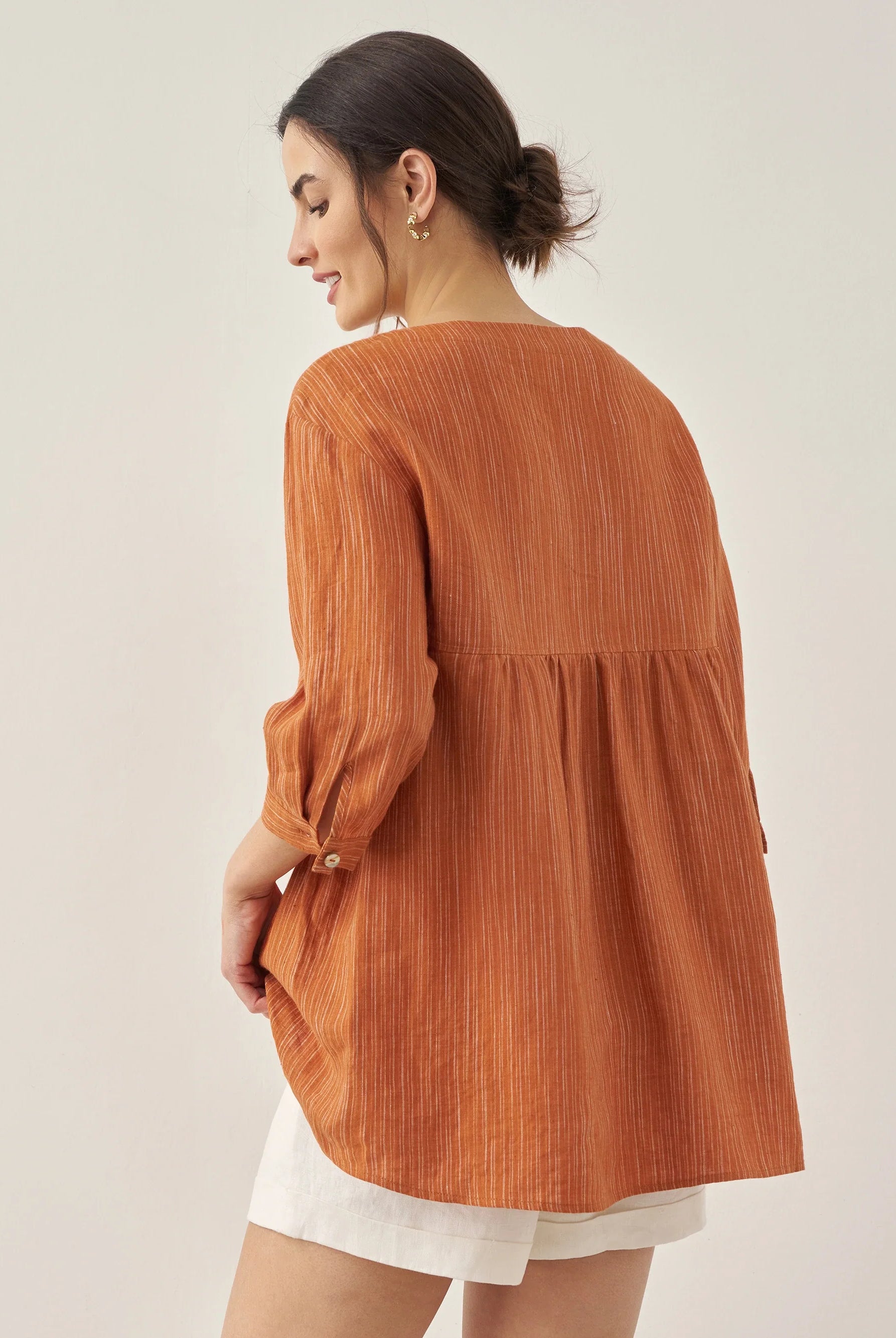 100% Linen Round Neck Artistic Stripe Top - TOPS-Linen Blouses