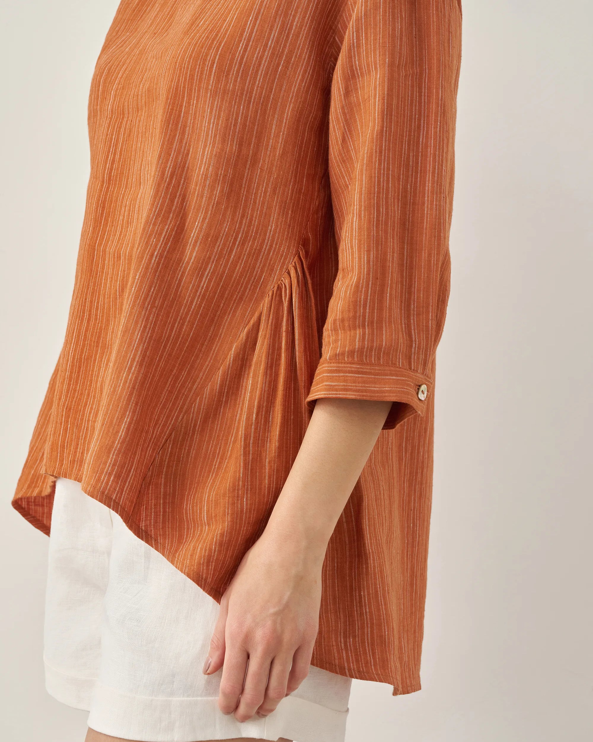 100% Linen Round Neck Artistic Stripe Top - TOPS-Linen Blouses