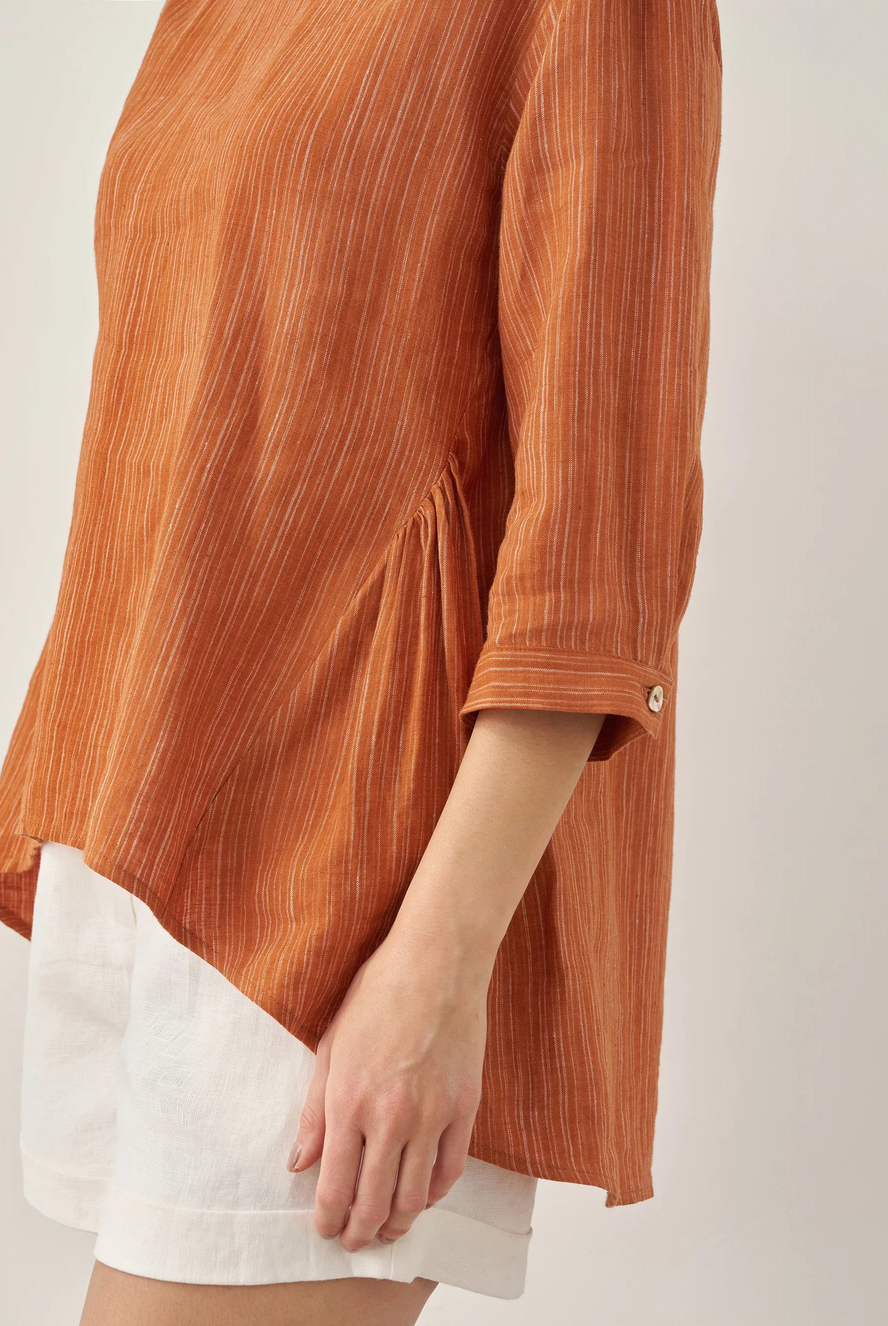 100% Linen Round Neck Artistic Stripe Top - TOPS-Linen Blouses