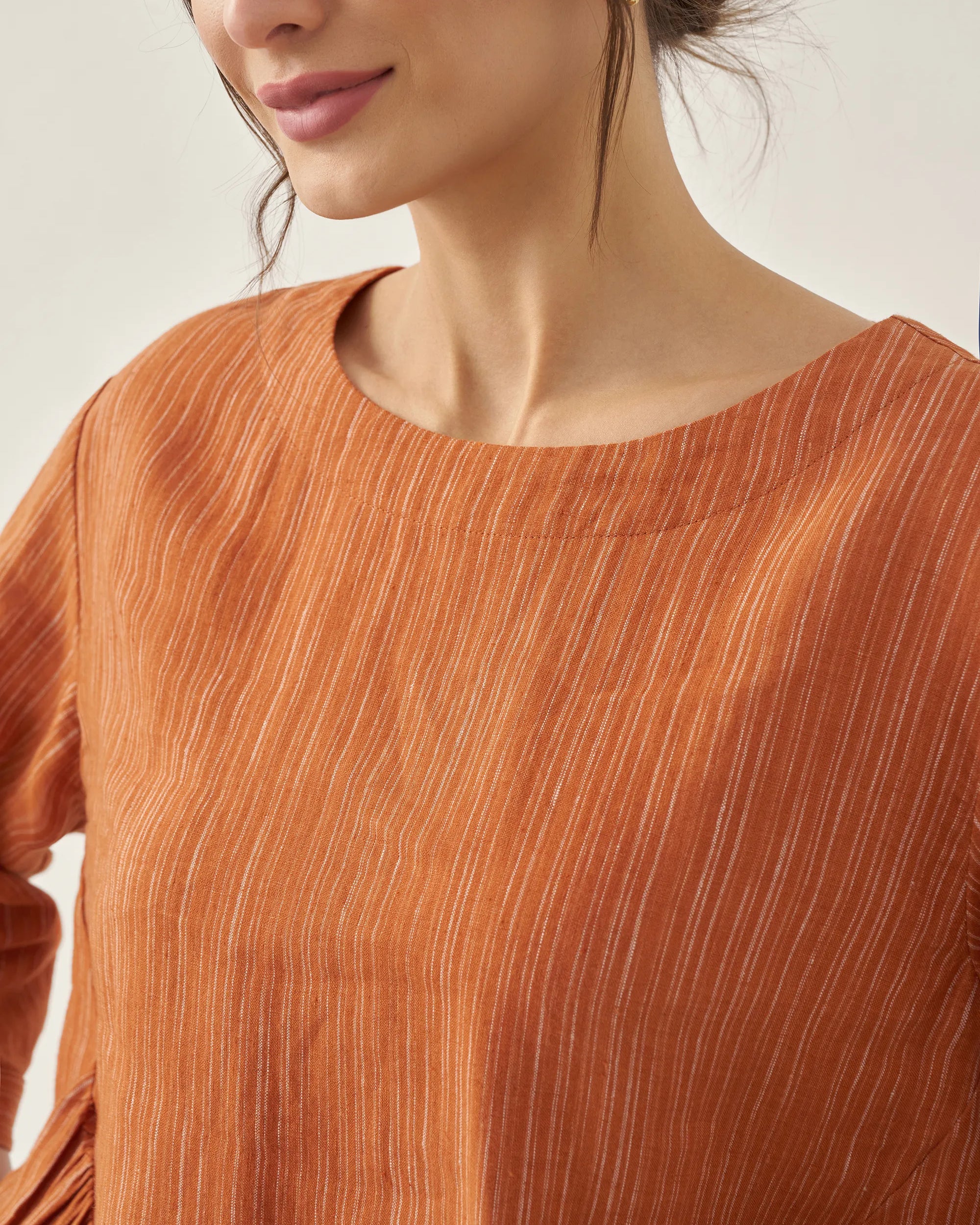 100% Linen Round Neck Artistic Stripe Top - TOPS-Linen Blouses