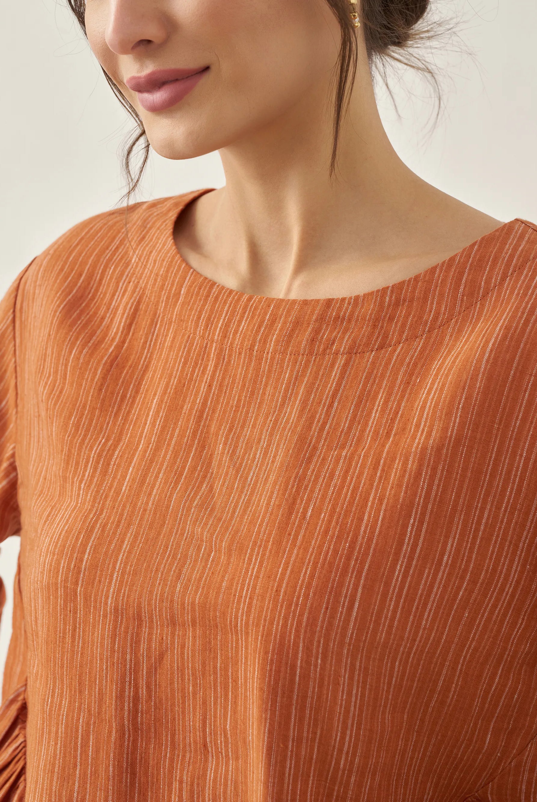 100% Linen Round Neck Artistic Stripe Top - TOPS-Linen Blouses