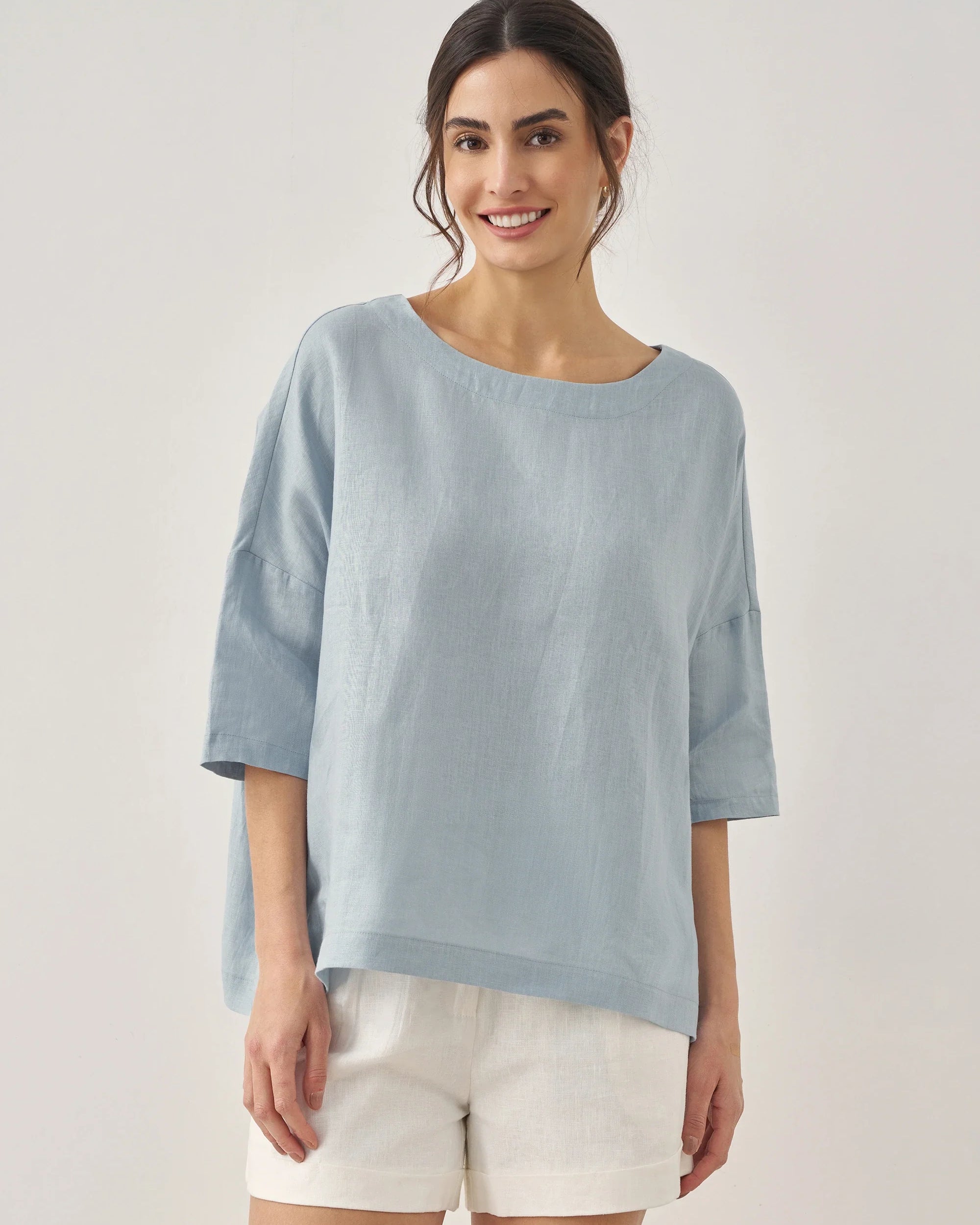 AURORA 100% Linen Boatneck 3/4 Length Sleeve Top - Ice Blue / S - TOPS-Linen Blouses