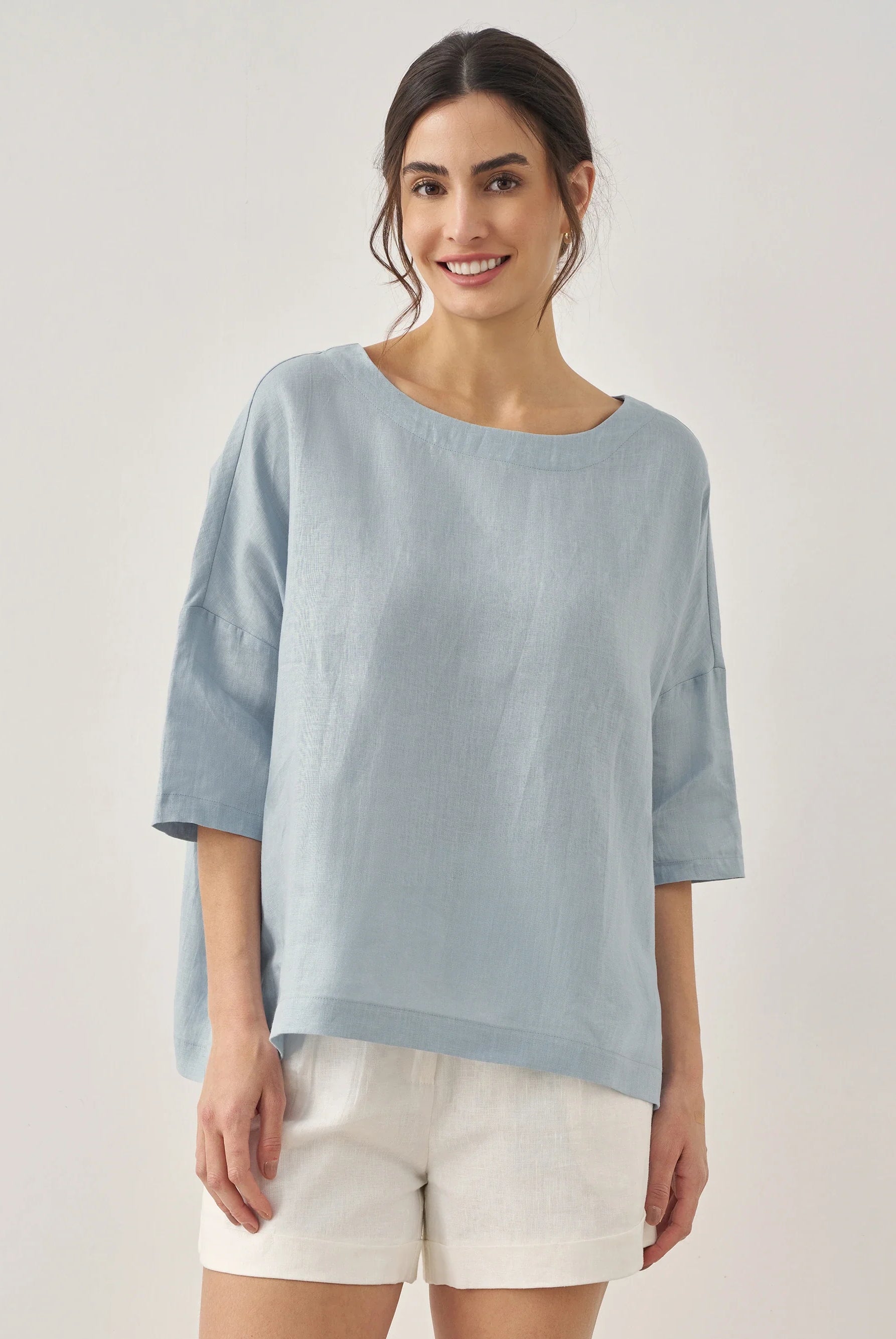 AURORA 100% Linen Boatneck 3/4 Length Sleeve Top - Ice Blue / S - TOPS-Linen Blouses