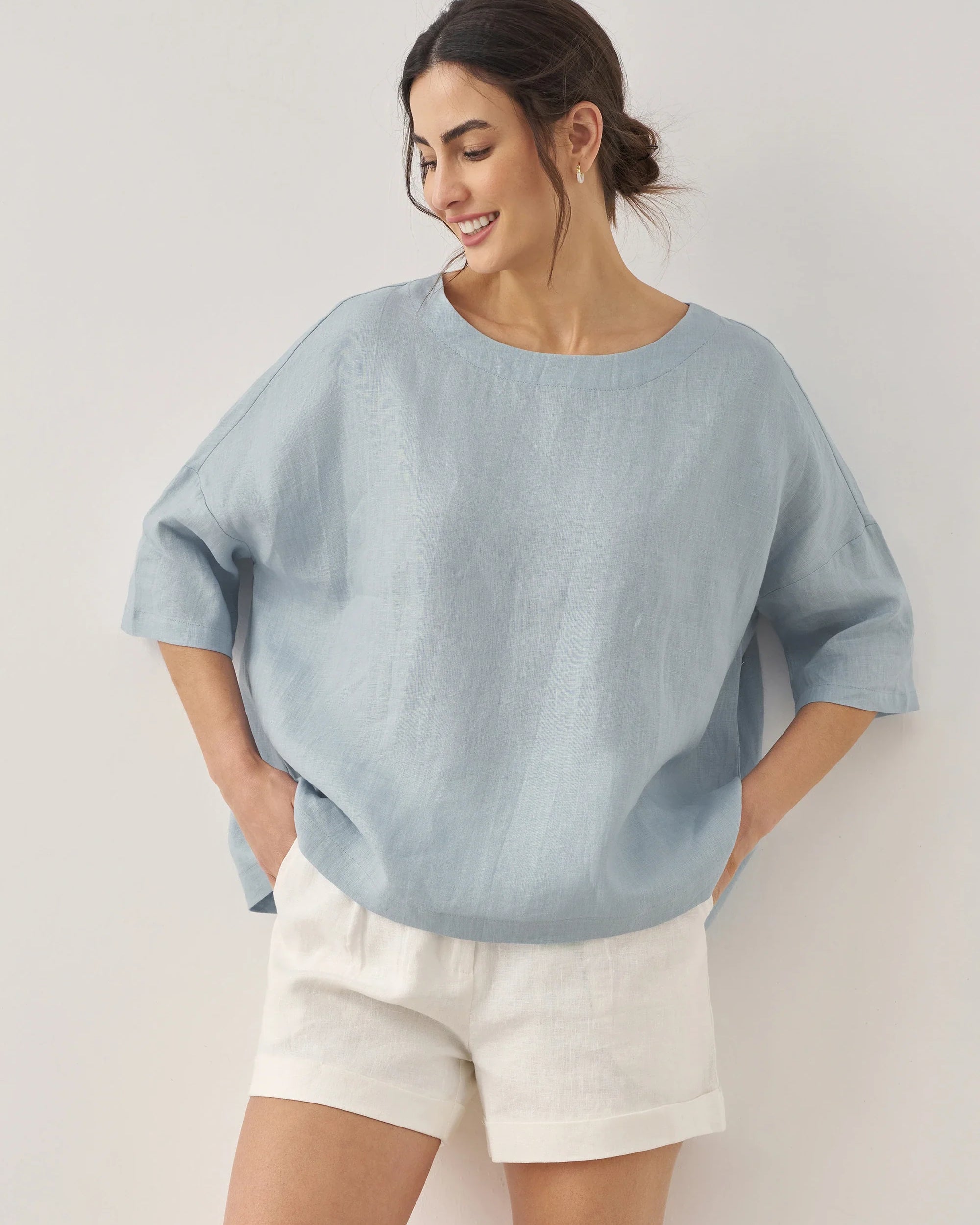 AURORA 100% Linen Boatneck 3/4 Length Sleeve Top - TOPS-Linen Blouses