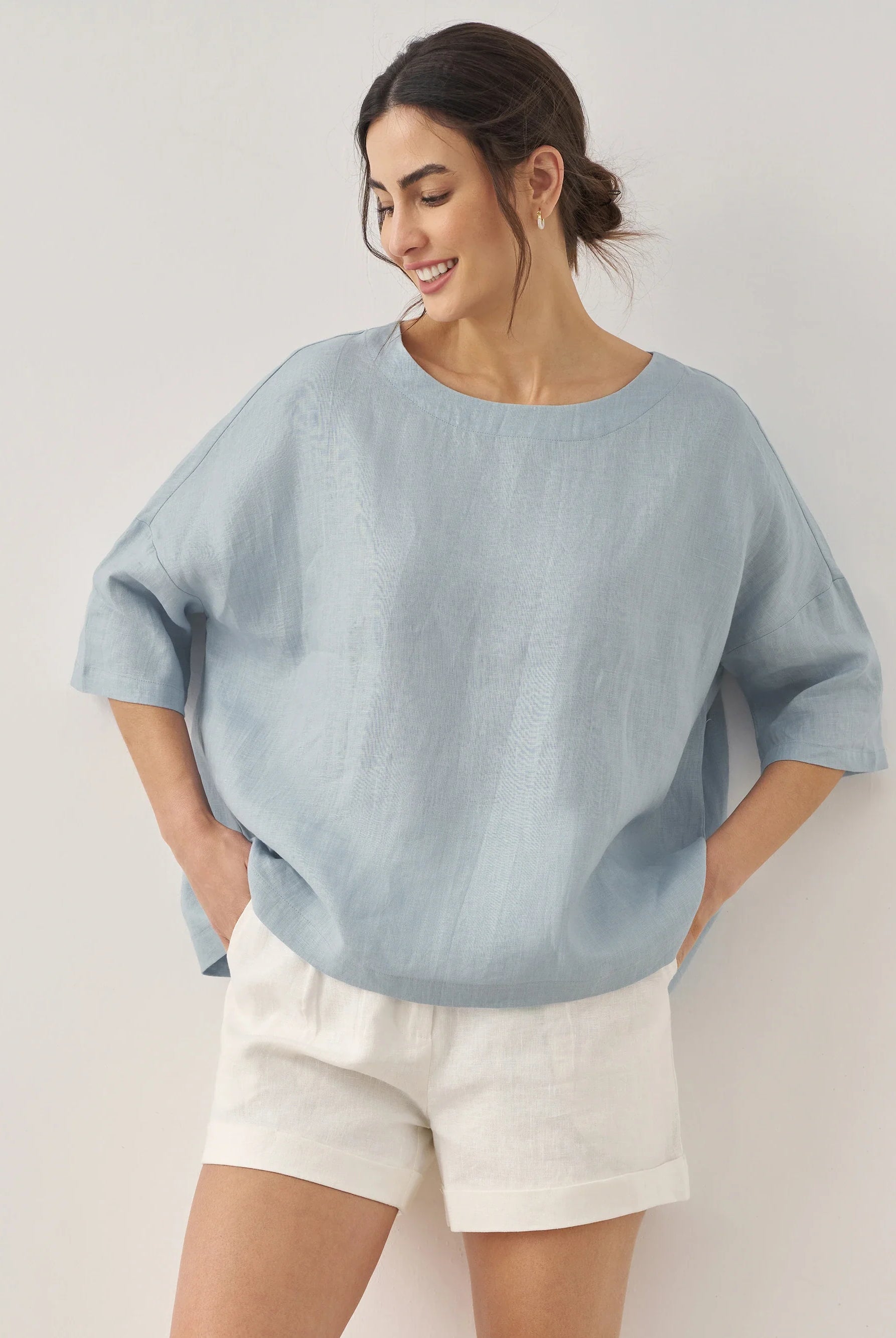AURORA 100% Linen Boatneck 3/4 Length Sleeve Top - TOPS-Linen Blouses