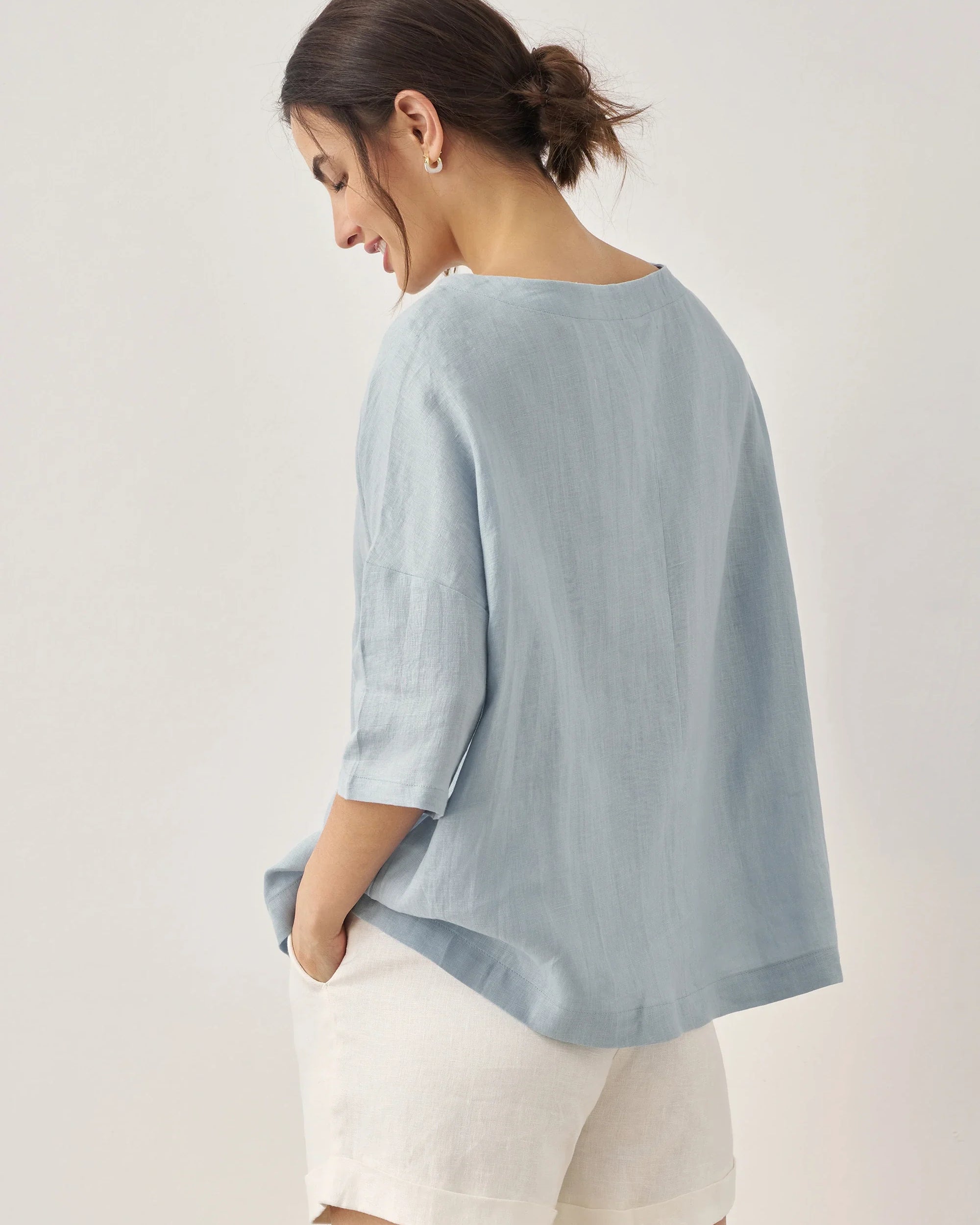 AURORA 100% Linen Boatneck 3/4 Length Sleeve Top - TOPS-Linen Blouses