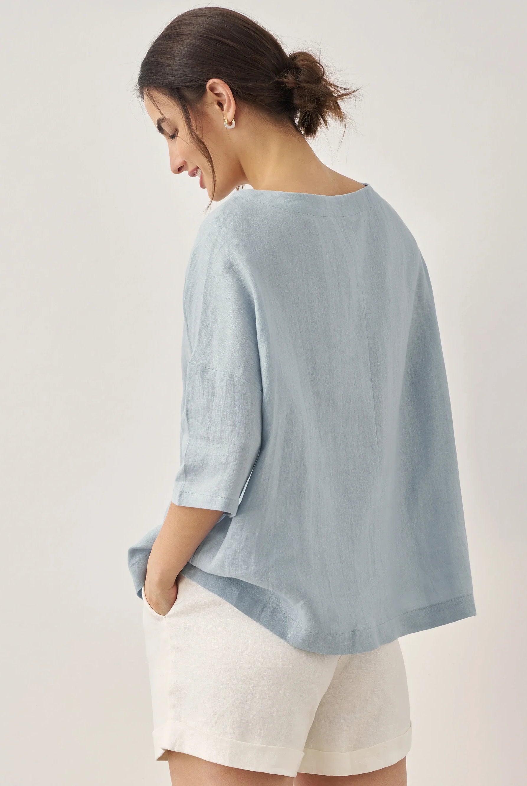 AURORA 100% Linen Boatneck 3/4 Length Sleeve Top - TOPS-Linen Blouses