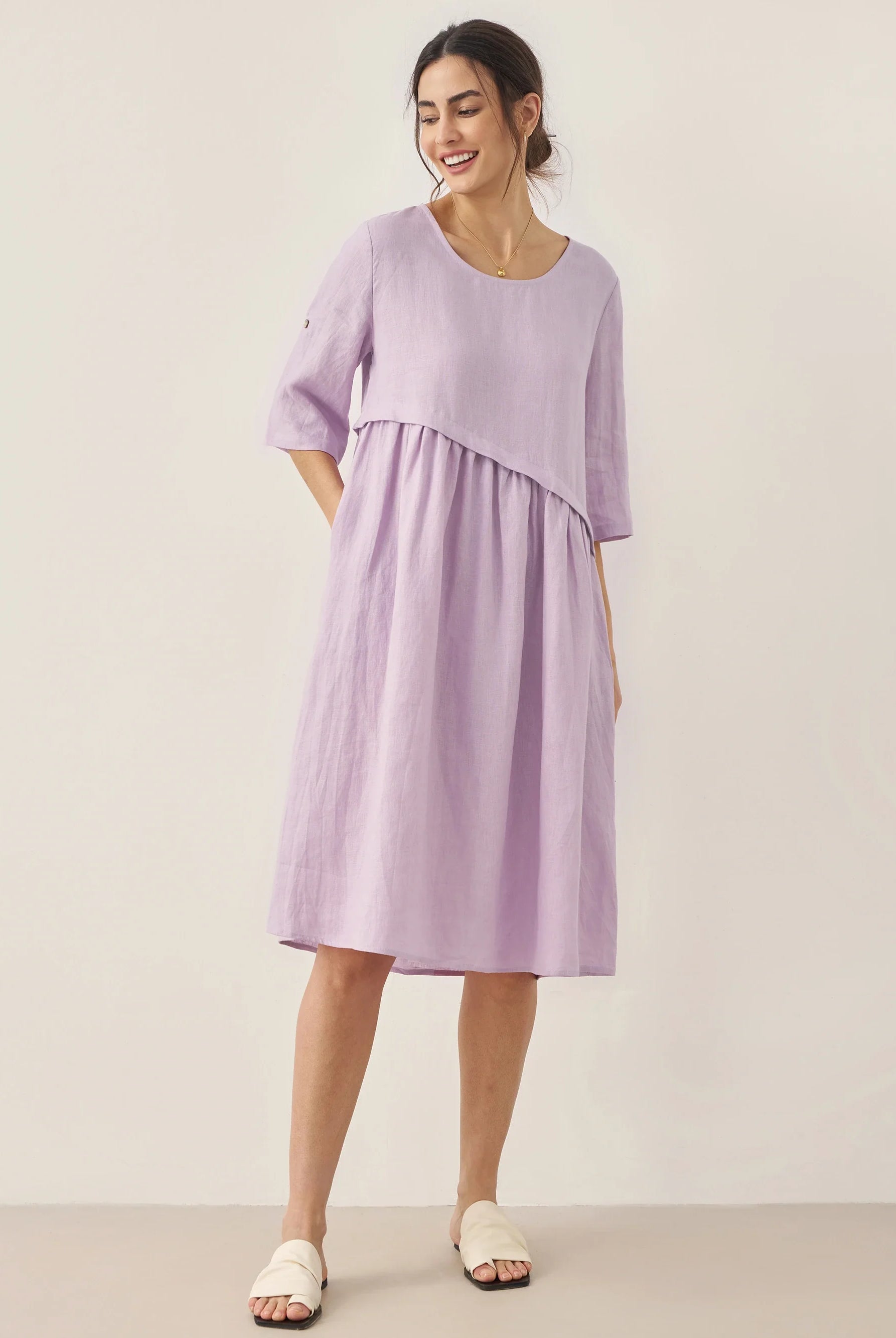 100% Linen Asymmetrical Pleated Round Neck Midi Dress - Lavender / S - DRESSES-Linen