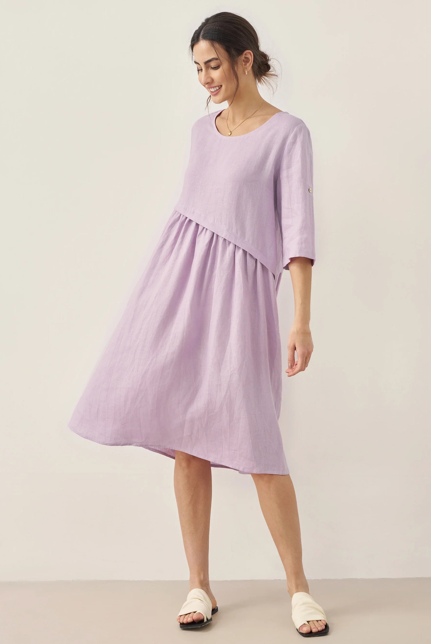 100% Linen Asymmetrical Pleated Round Neck Midi Dress - DRESSES-Linen