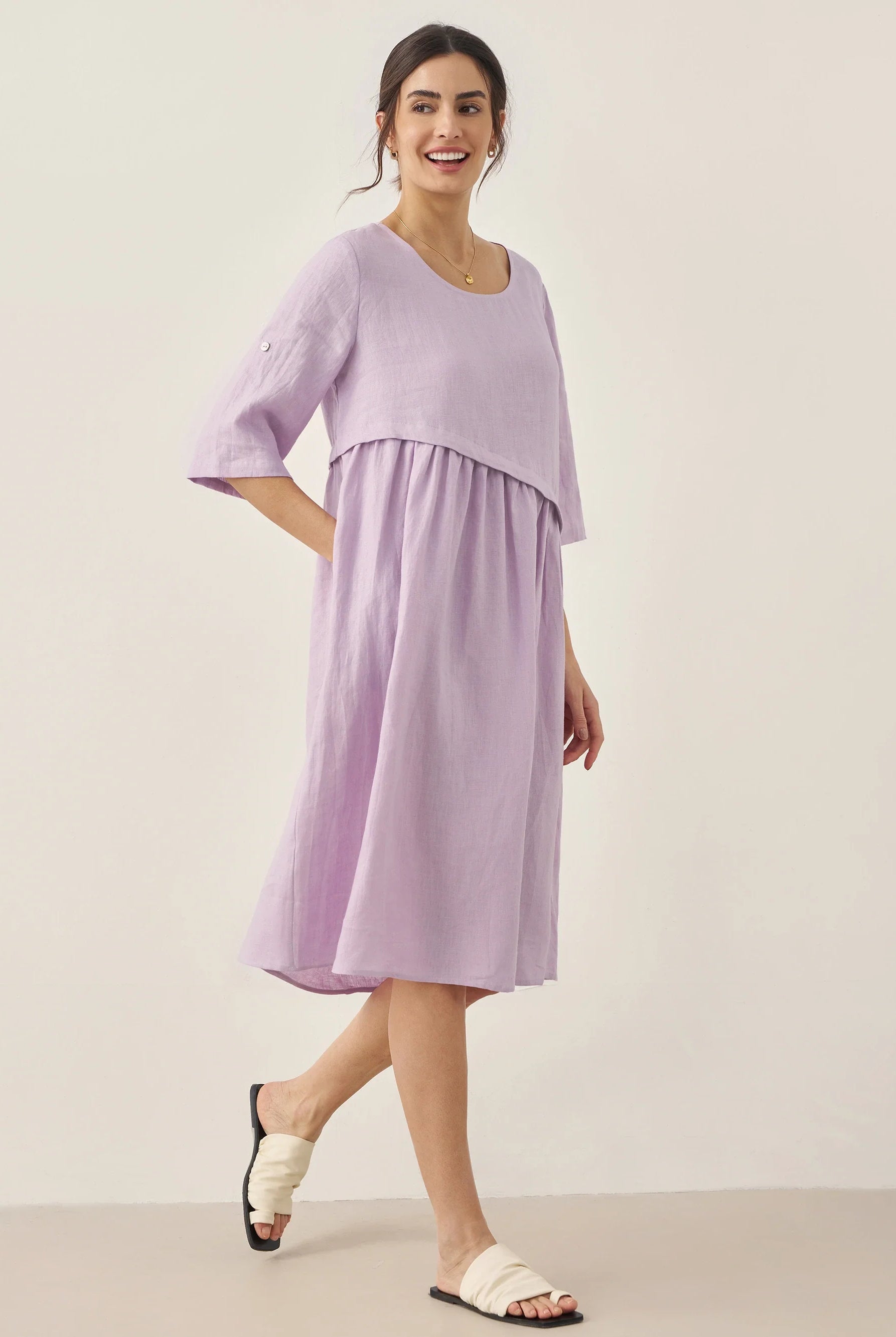 100% Linen Asymmetrical Pleated Round Neck Midi Dress - DRESSES-Linen