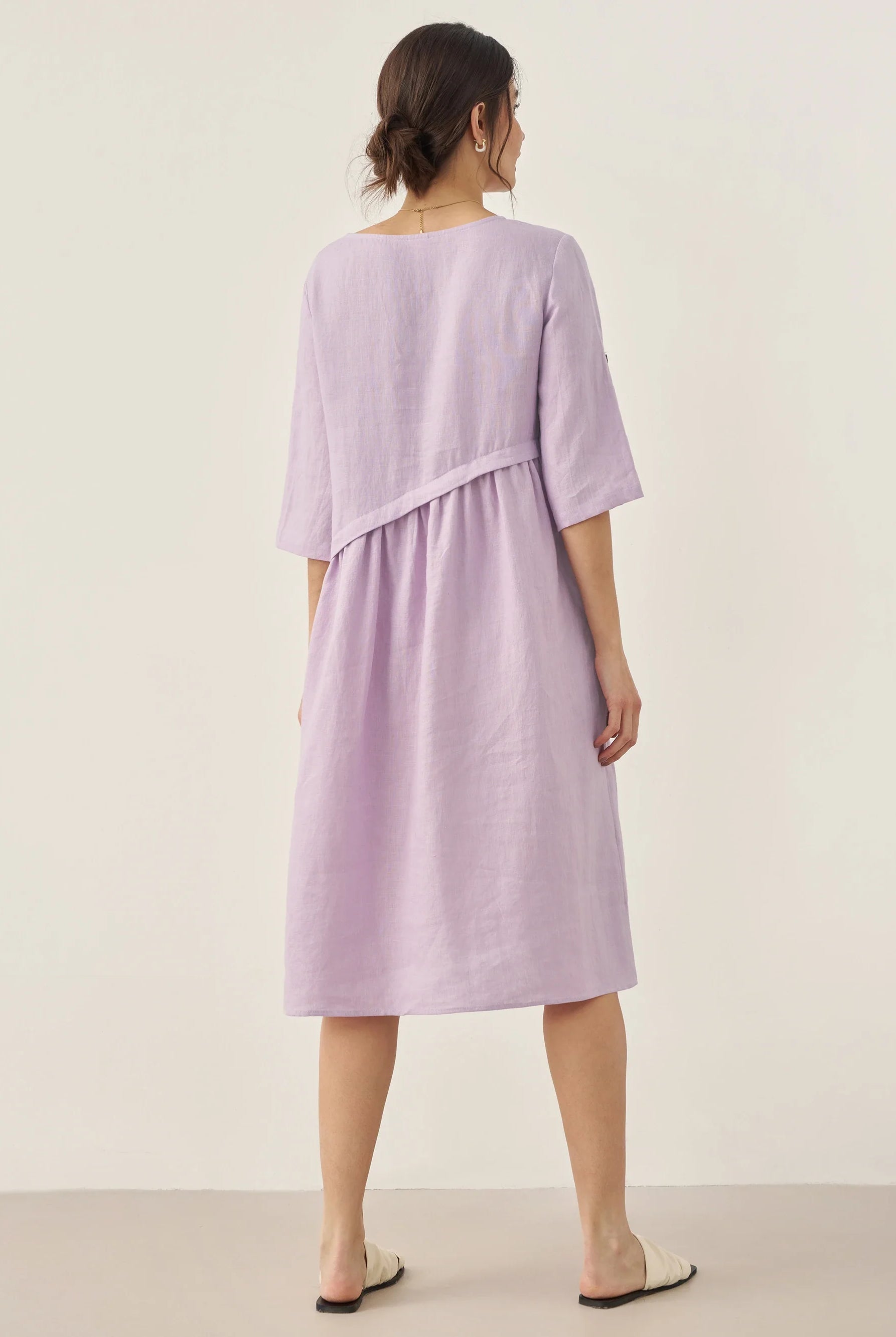 100% Linen Asymmetrical Pleated Round Neck Midi Dress - DRESSES-Linen