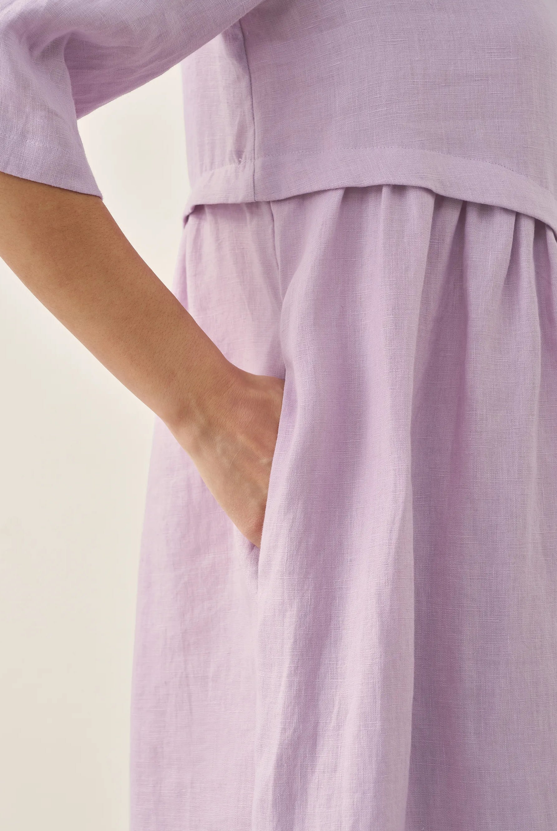 100% Linen Asymmetrical Pleated Round Neck Midi Dress - DRESSES-Linen