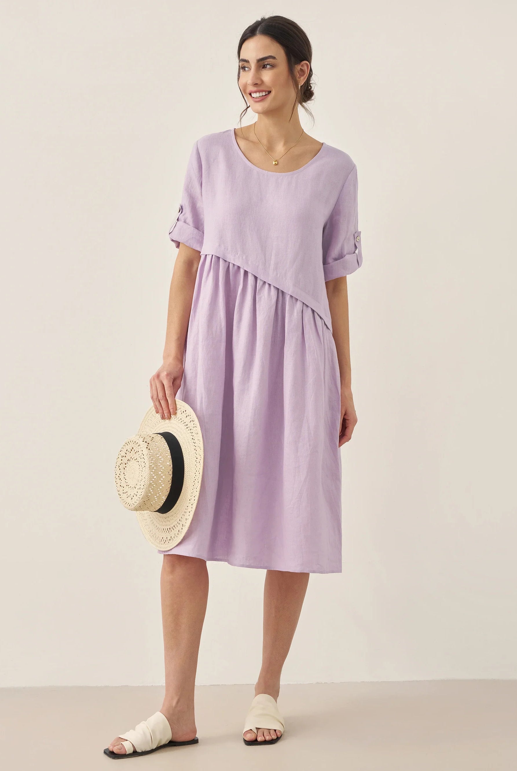 100% Linen Asymmetrical Pleated Round Neck Midi Dress - DRESSES-Linen