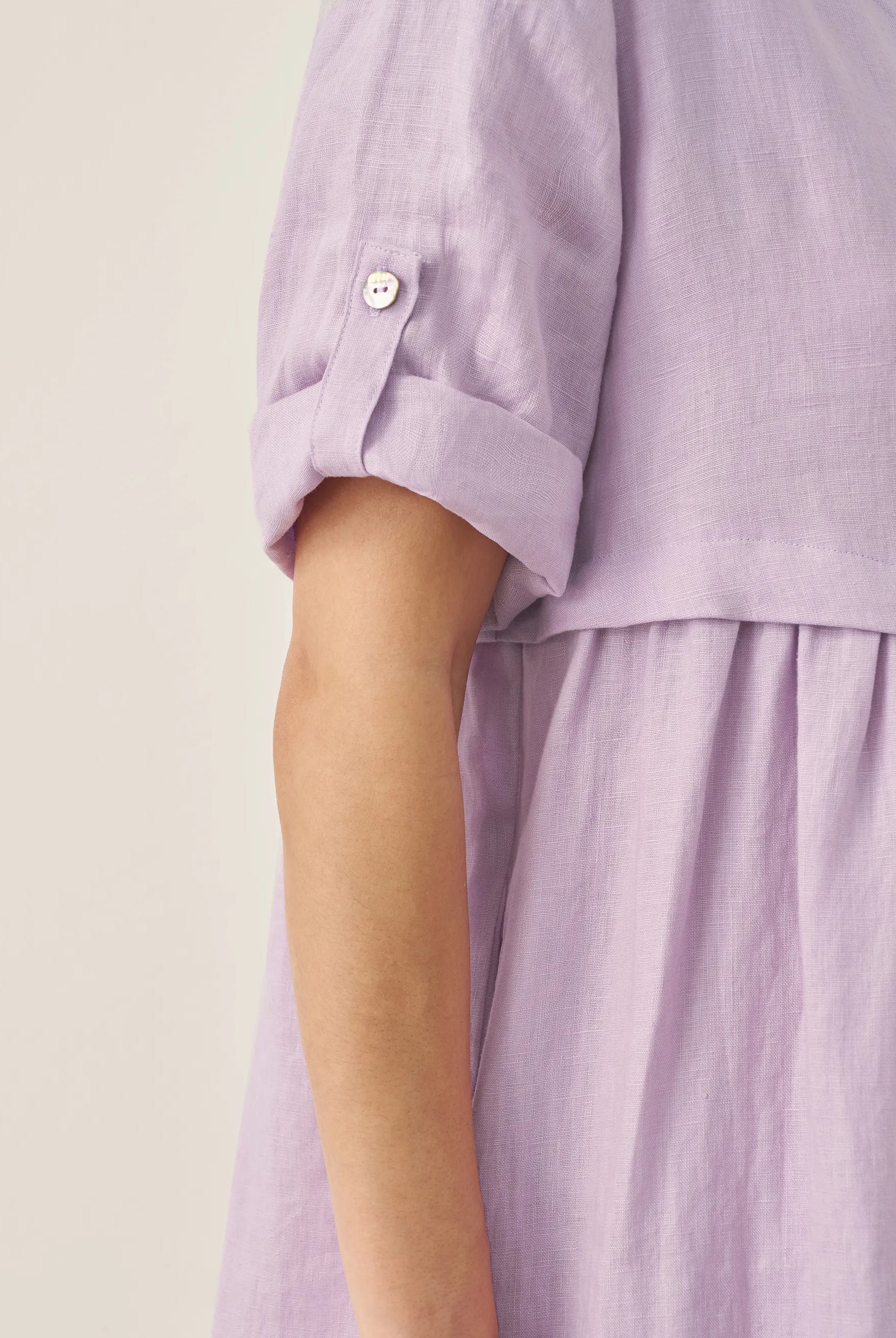 100% Linen Asymmetrical Pleated Round Neck Midi Dress - DRESSES-Linen