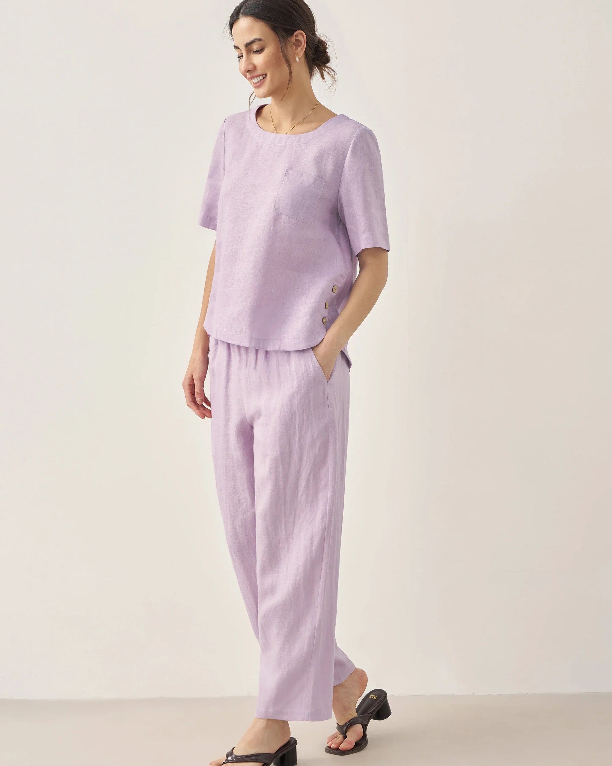 100% Linen Short-Sleeve Round Neck Button Detail Top & Pants Set - SETS-Linen Sets