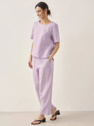 100% Linen Short-Sleeve Round Neck Button Detail Top & Pants Set - SETS-Linen Sets