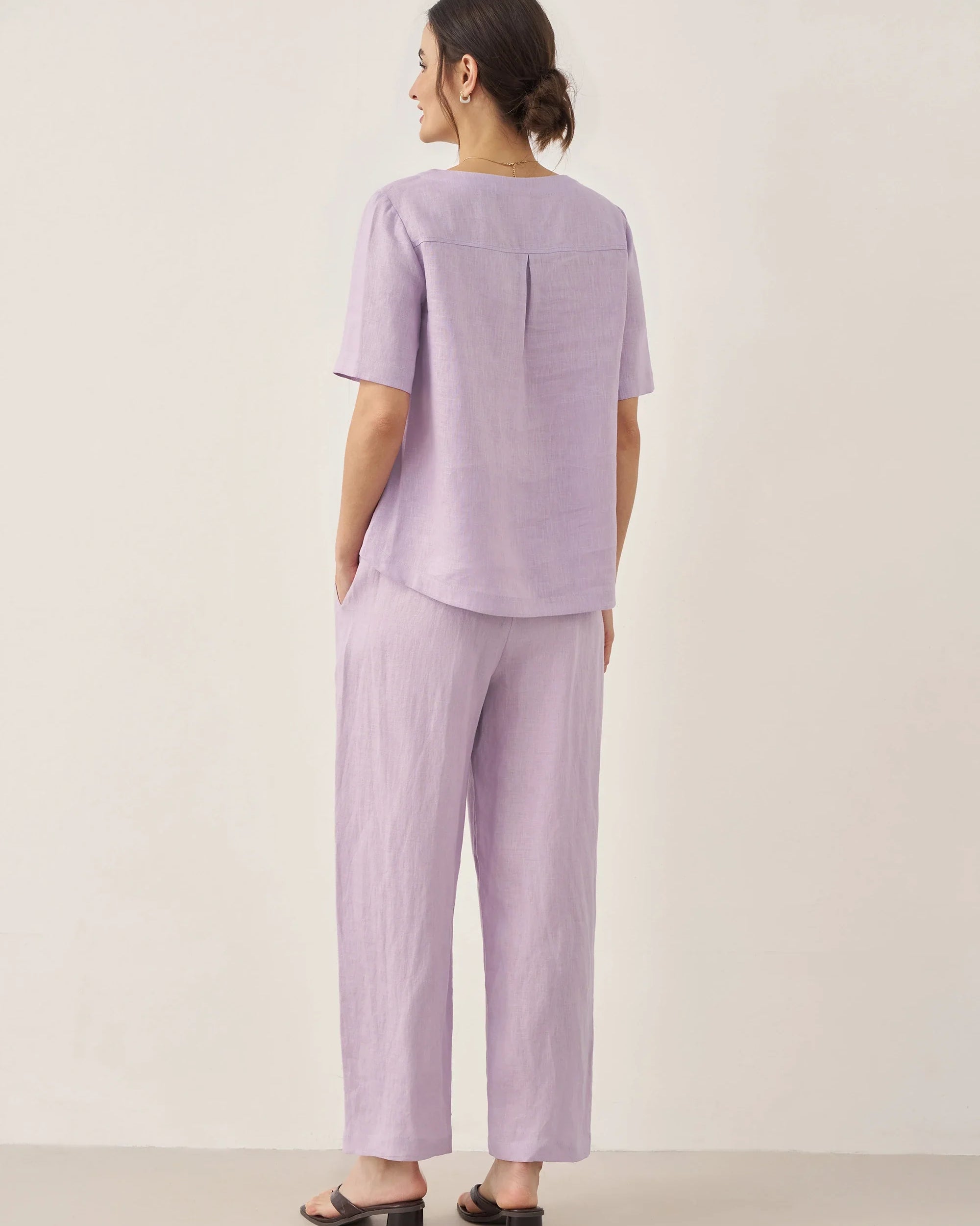 100% Linen Short-Sleeve Round Neck Button Detail Top & Pants Set - SETS-Linen Sets