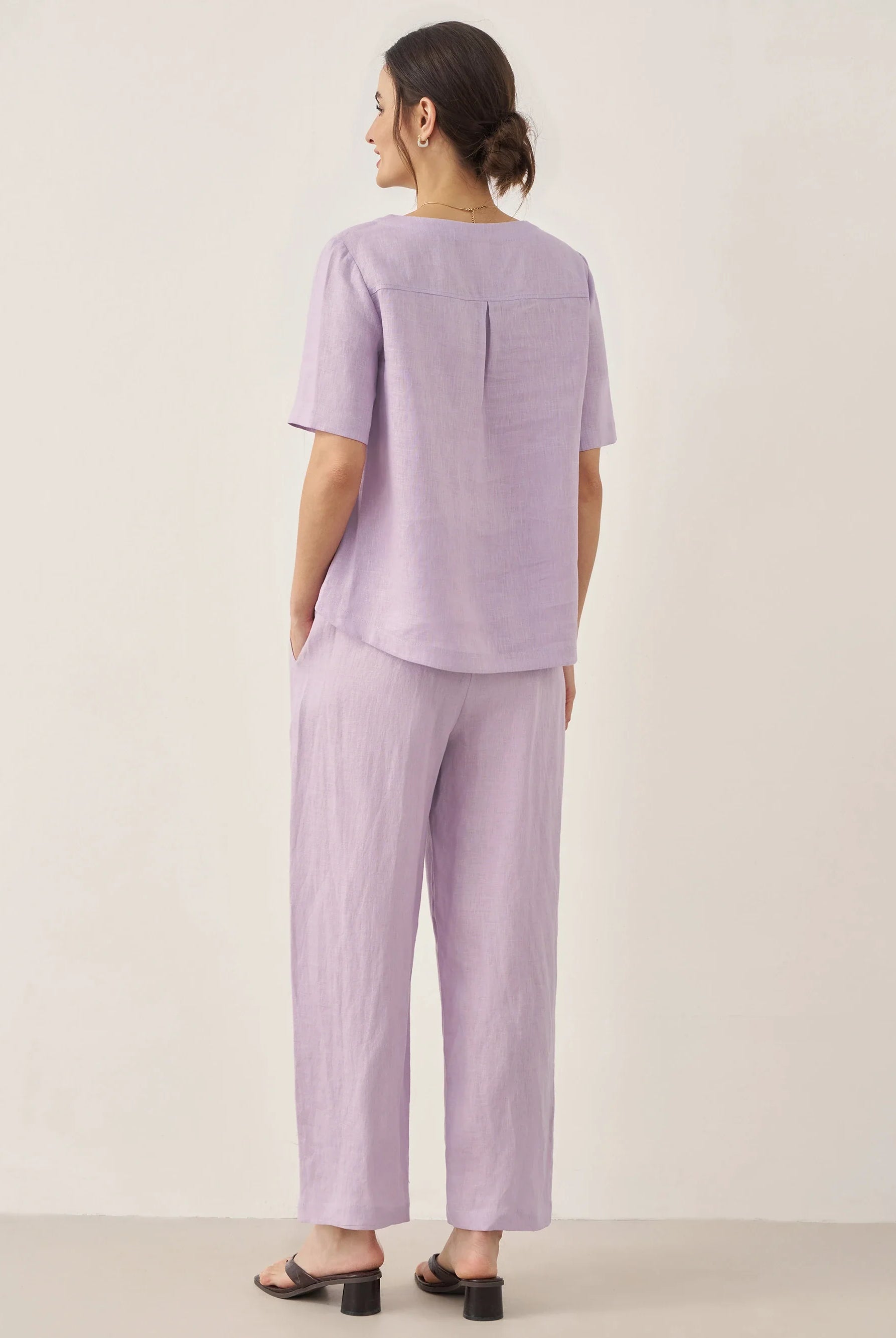 100% Linen Short-Sleeve Round Neck Button Detail Top & Pants Set - SETS-Linen Sets