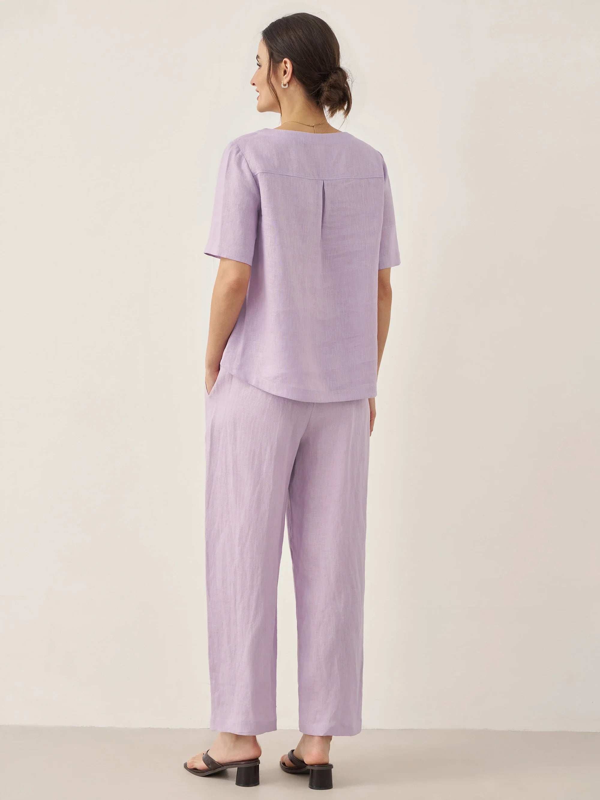100% Linen Short-Sleeve Round Neck Button Detail Top & Pants Set - SETS-Linen Sets