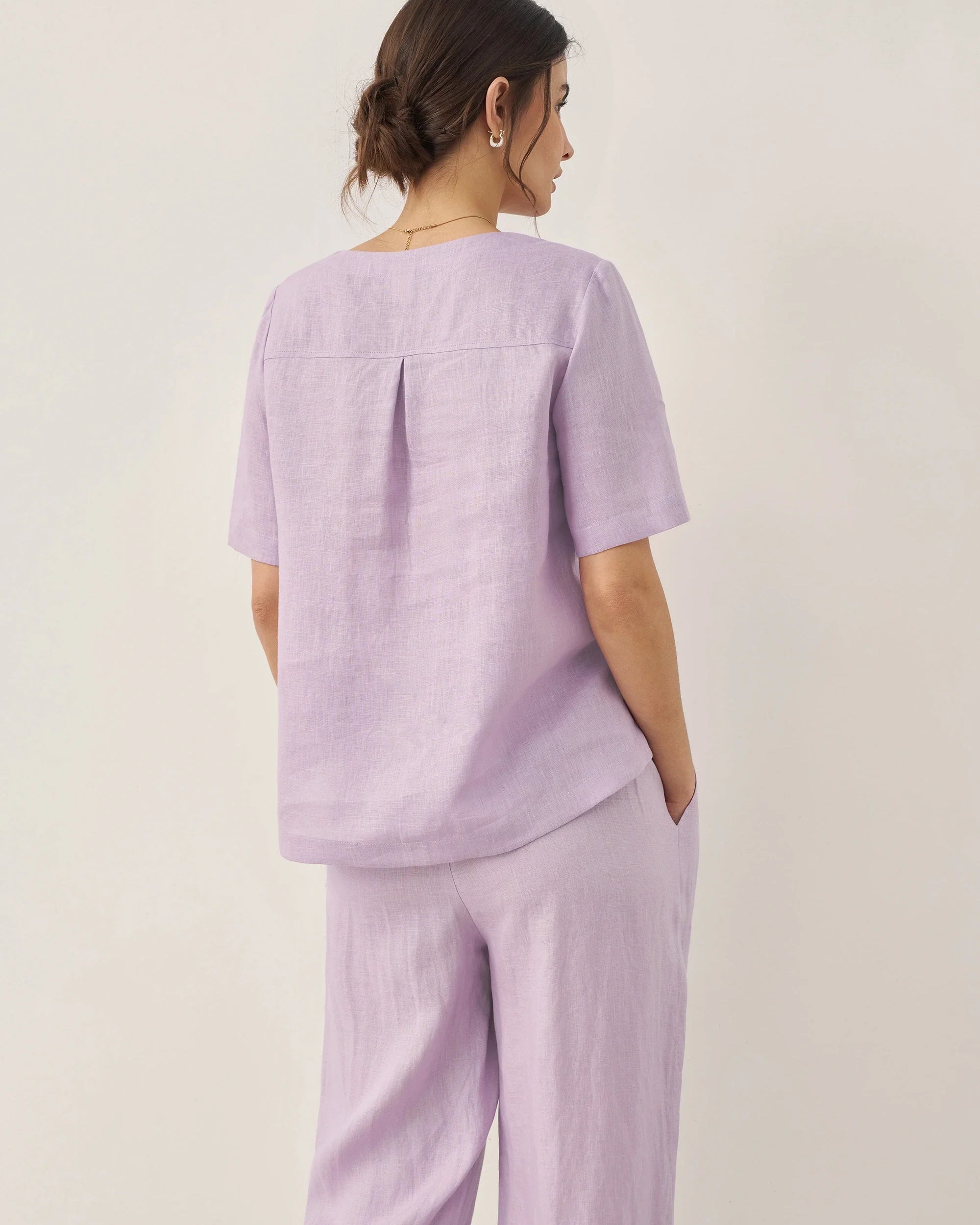 100% Linen Short-Sleeve Round Neck Button Detail Top & Pants Set - SETS-Linen Sets