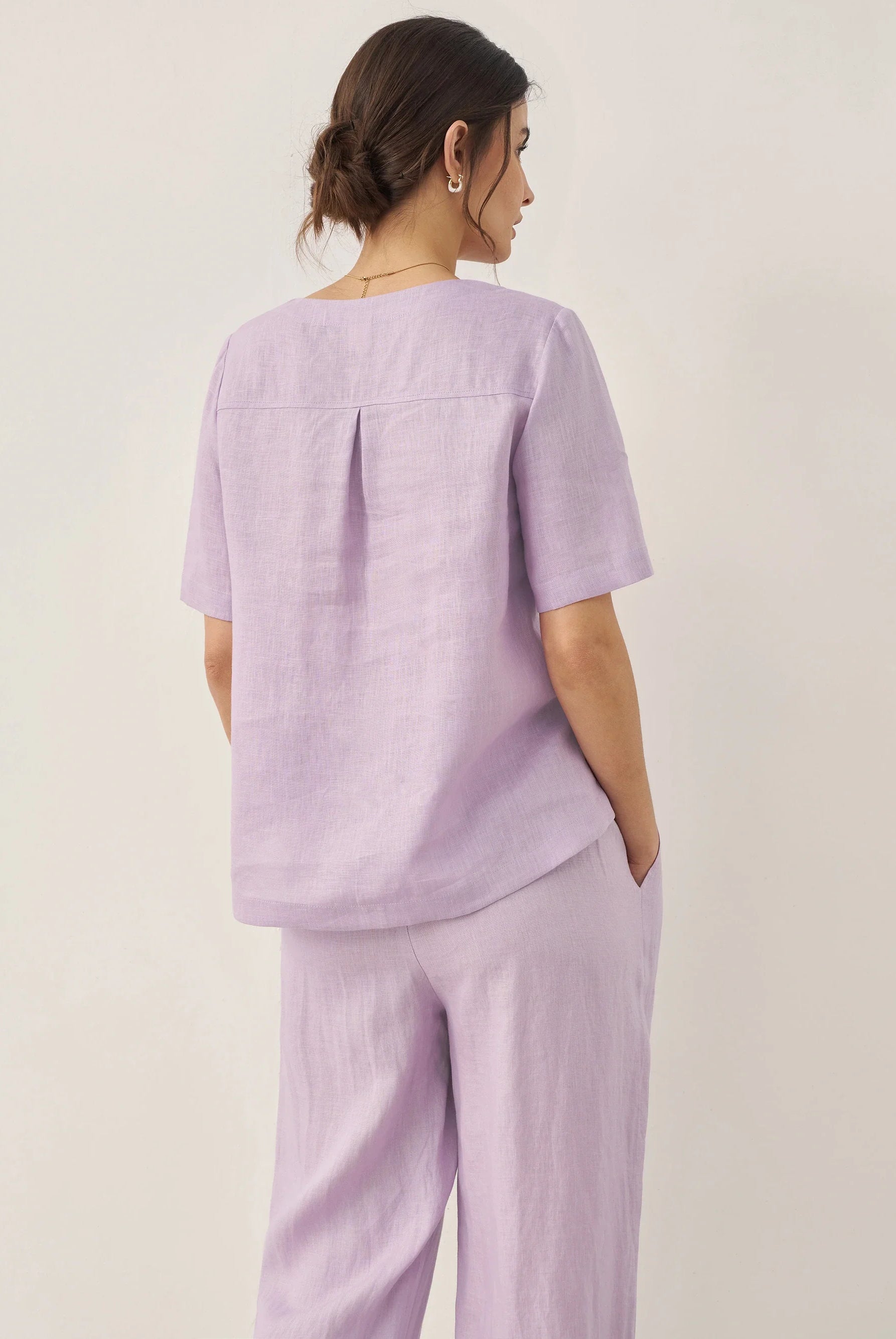 100% Linen Short-Sleeve Round Neck Button Detail Top & Pants Set - SETS-Linen Sets