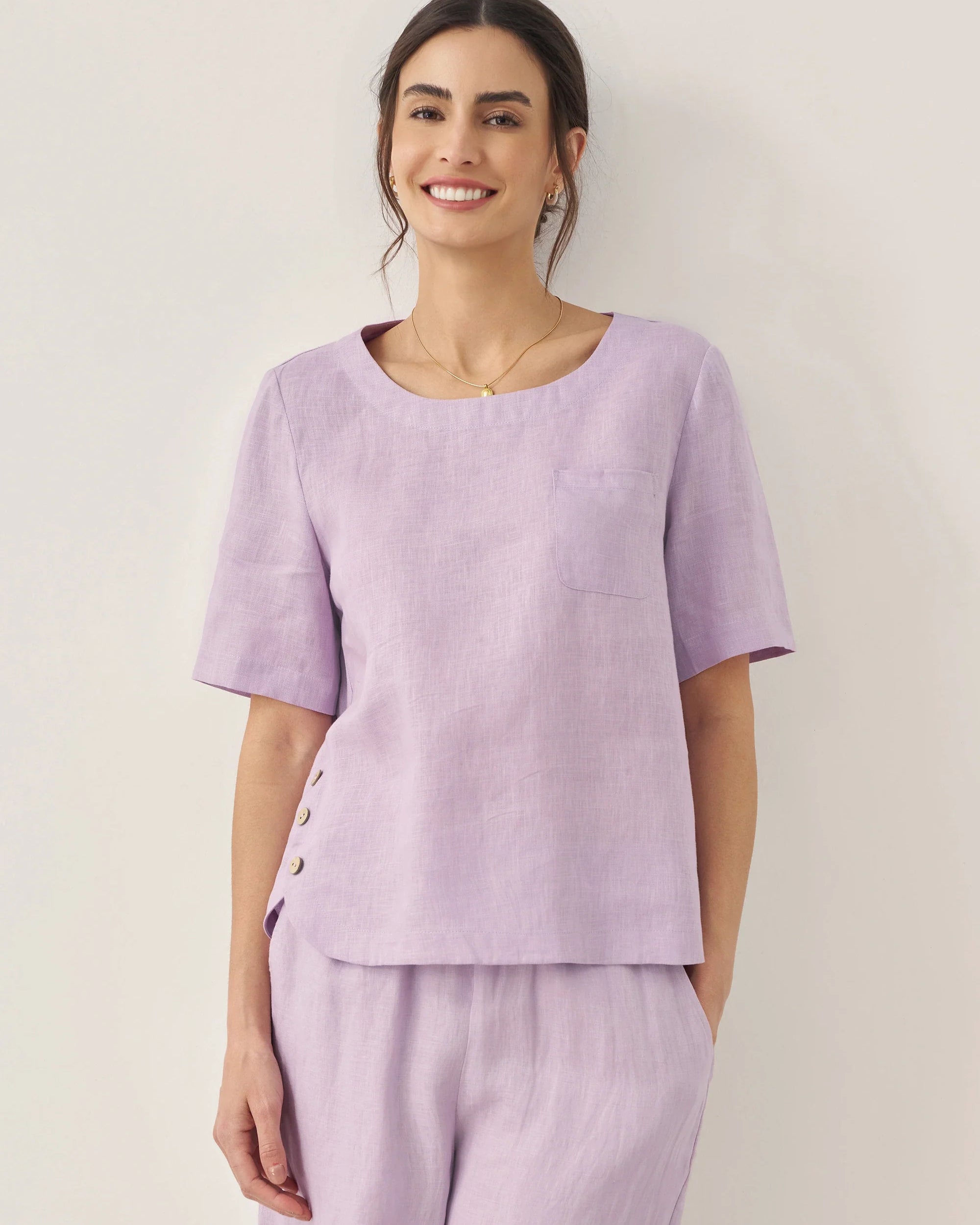 100% Linen Short-Sleeve Round Neck Button Detail Top & Pants Set - Lavender / Tops / S - SETS-Linen Sets