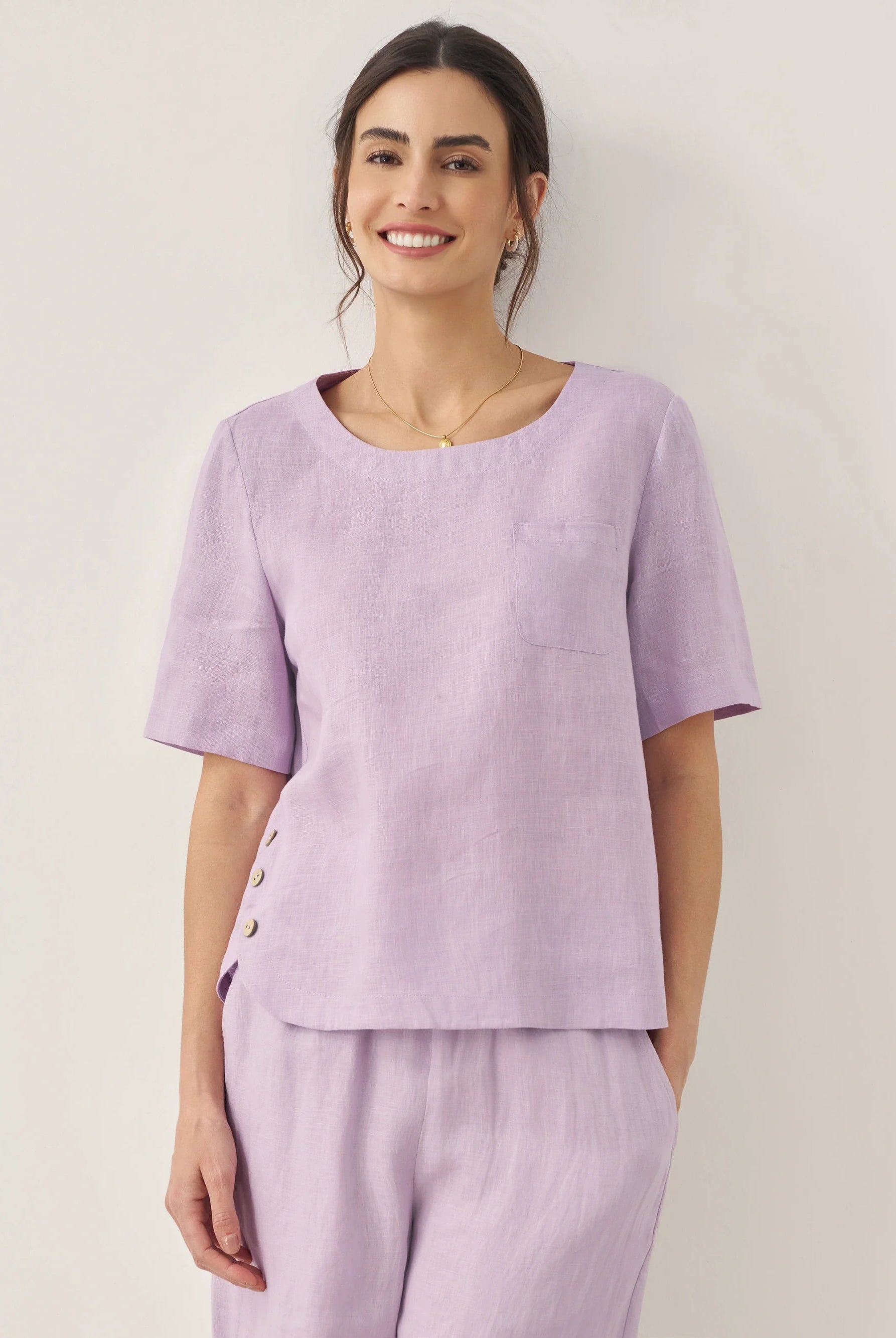 100% Linen Short-Sleeve Round Neck Button Detail Top & Pants Set - Lavender / Tops / S - SETS-Linen Sets