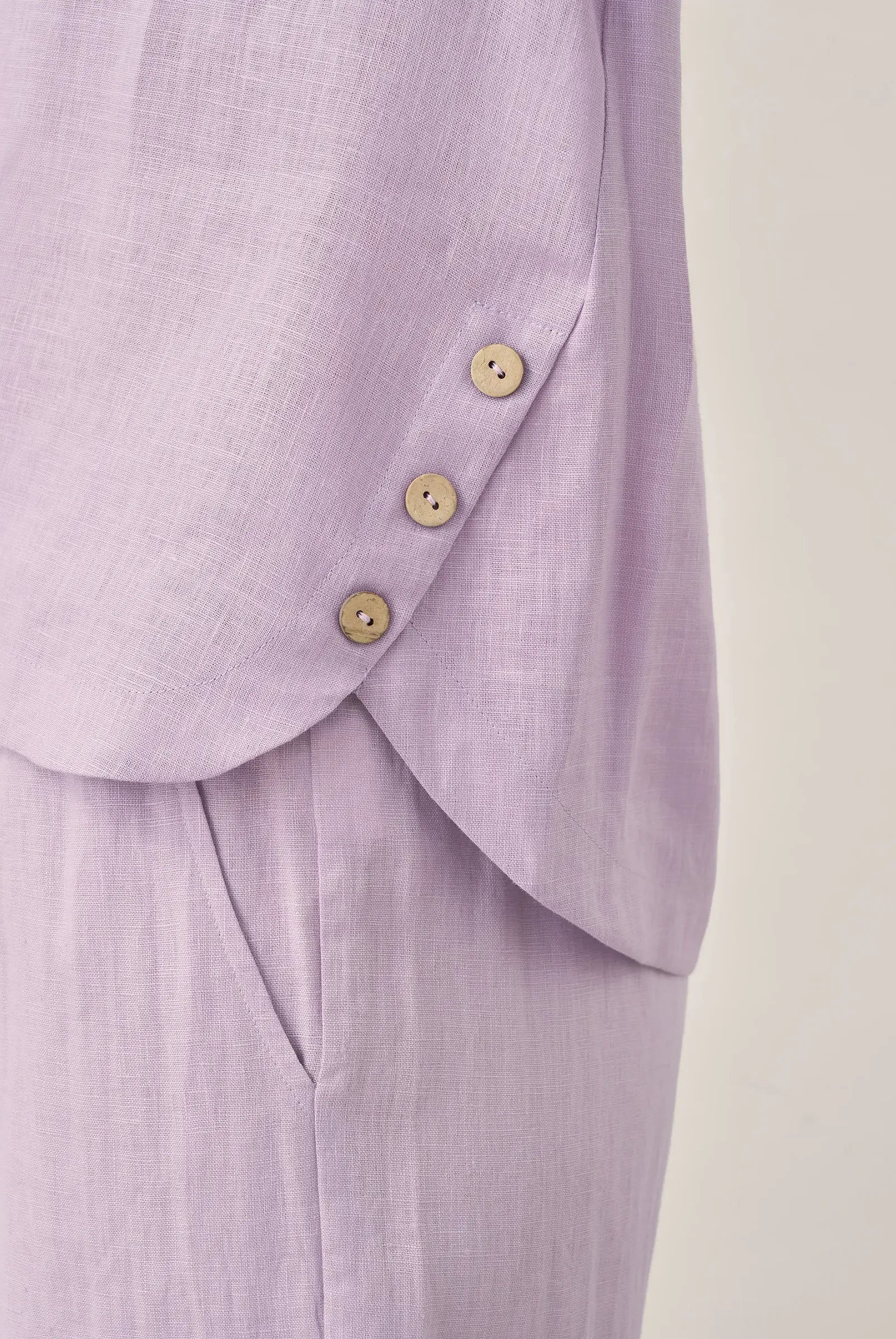 100% Linen Short-Sleeve Round Neck Button Detail Top & Pants Set - SETS-Linen Sets