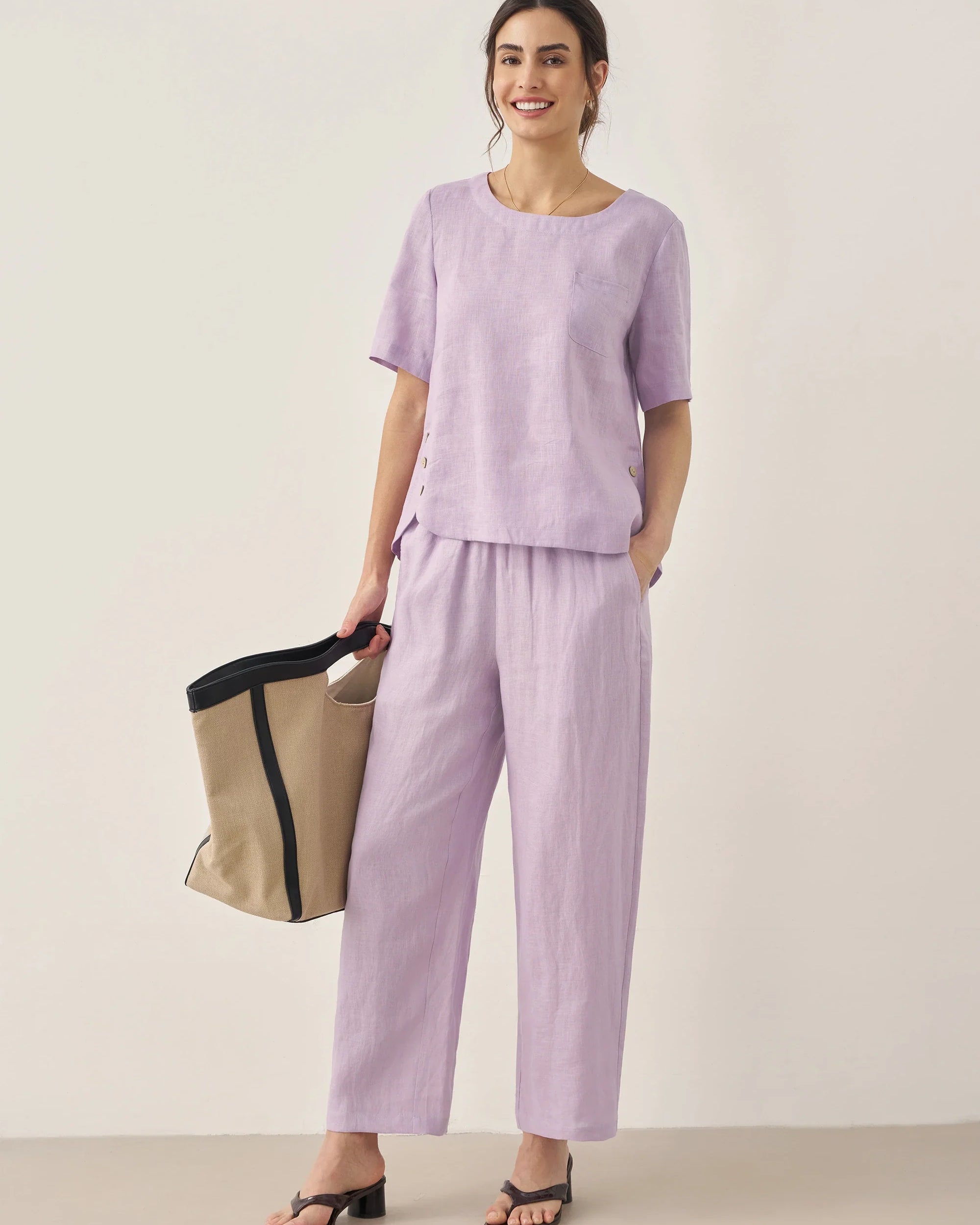 100% Linen Short-Sleeve Round Neck Button Detail Top & Pants Set - SETS-Linen Sets