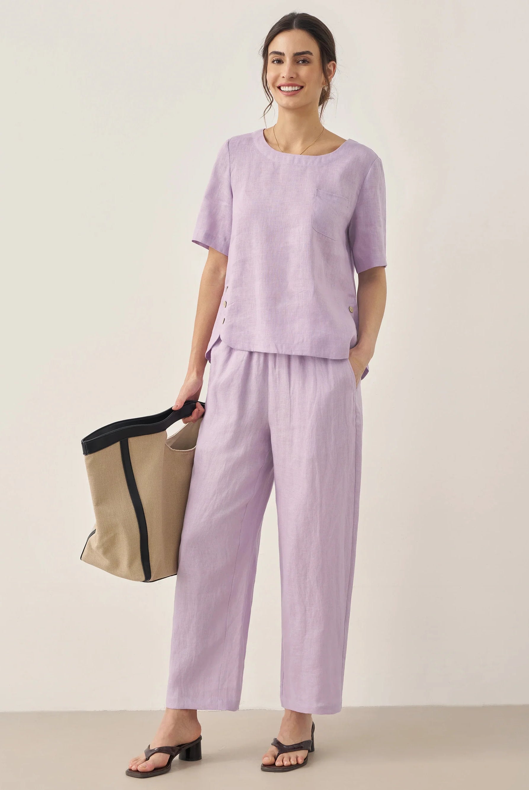 100% Linen Short-Sleeve Round Neck Button Detail Top & Pants Set - SETS-Linen Sets
