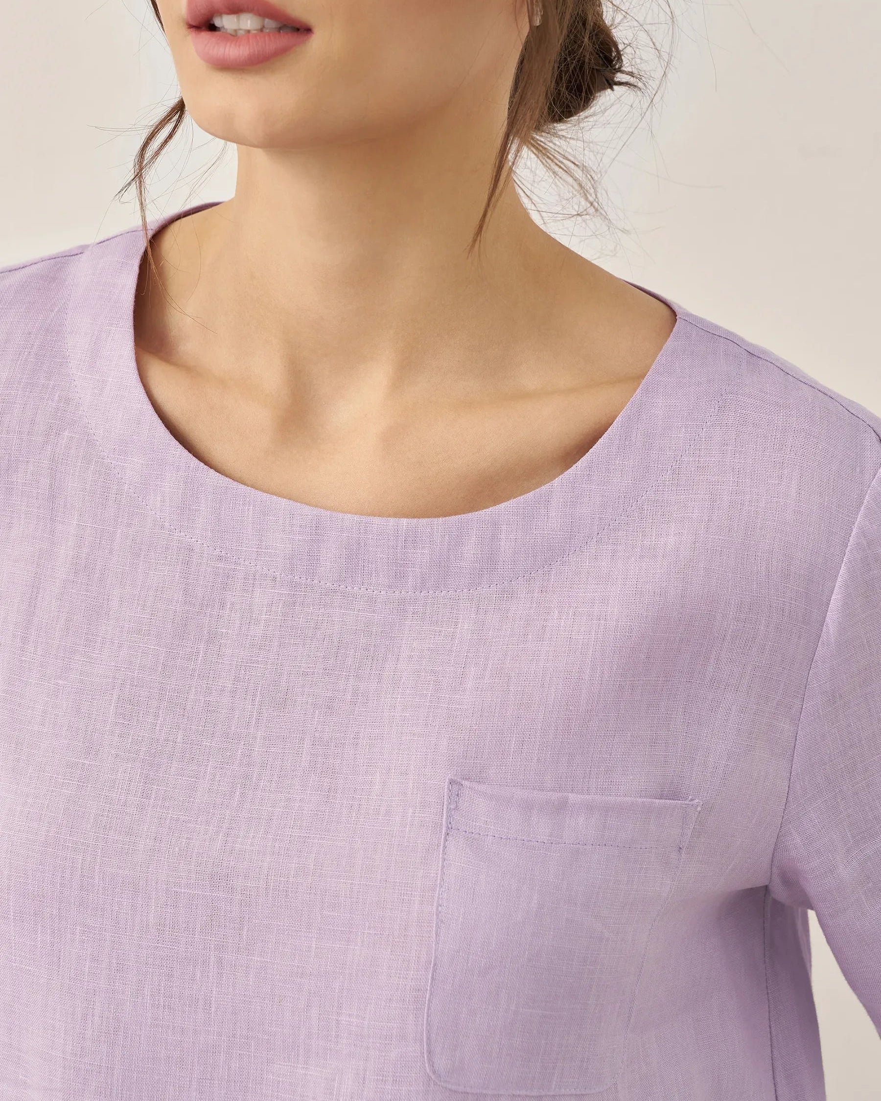 100% Linen Short-Sleeve Round Neck Button Detail Top & Pants Set - SETS-Linen Sets
