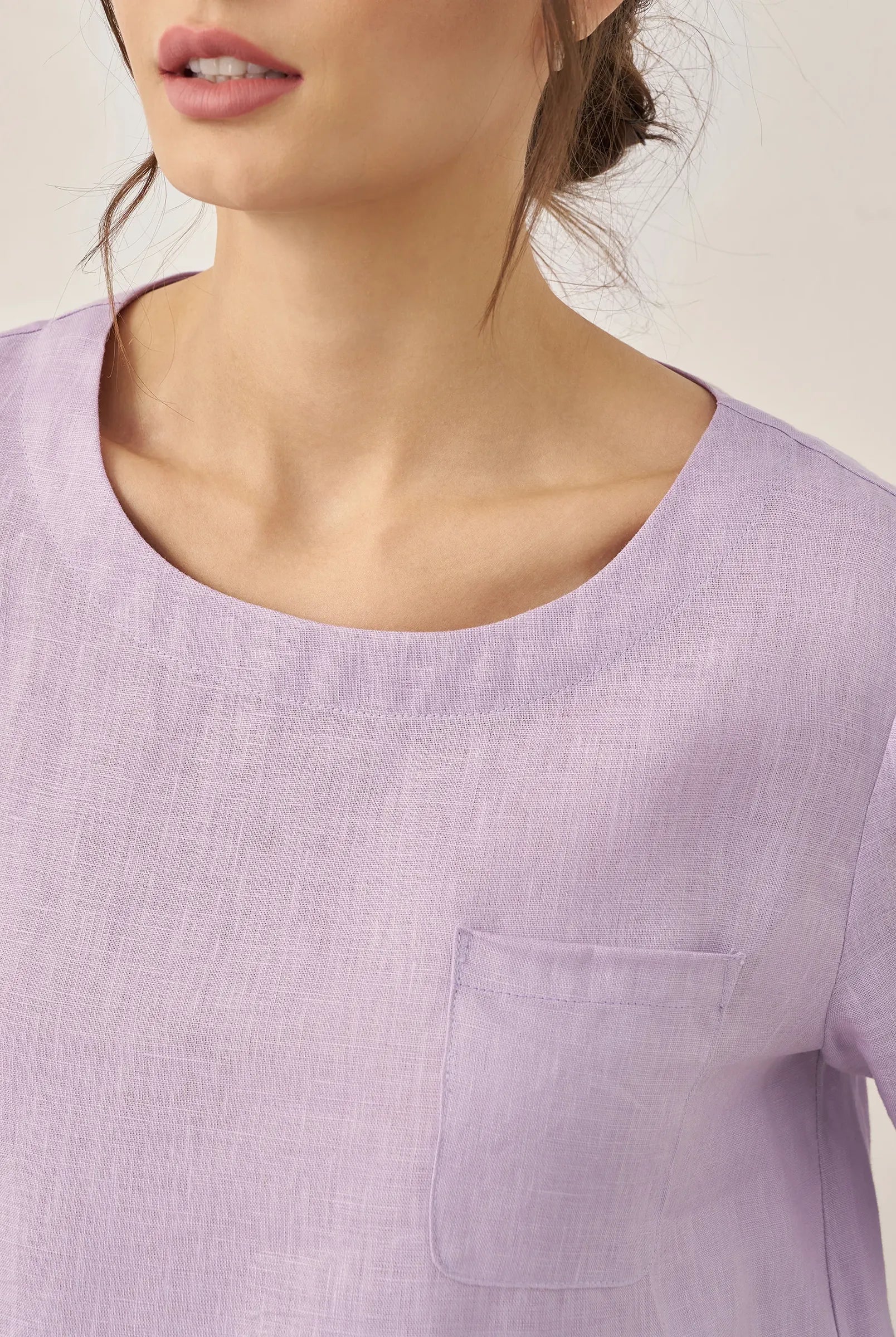 100% Linen Short-Sleeve Round Neck Button Detail Top & Pants Set - SETS-Linen Sets