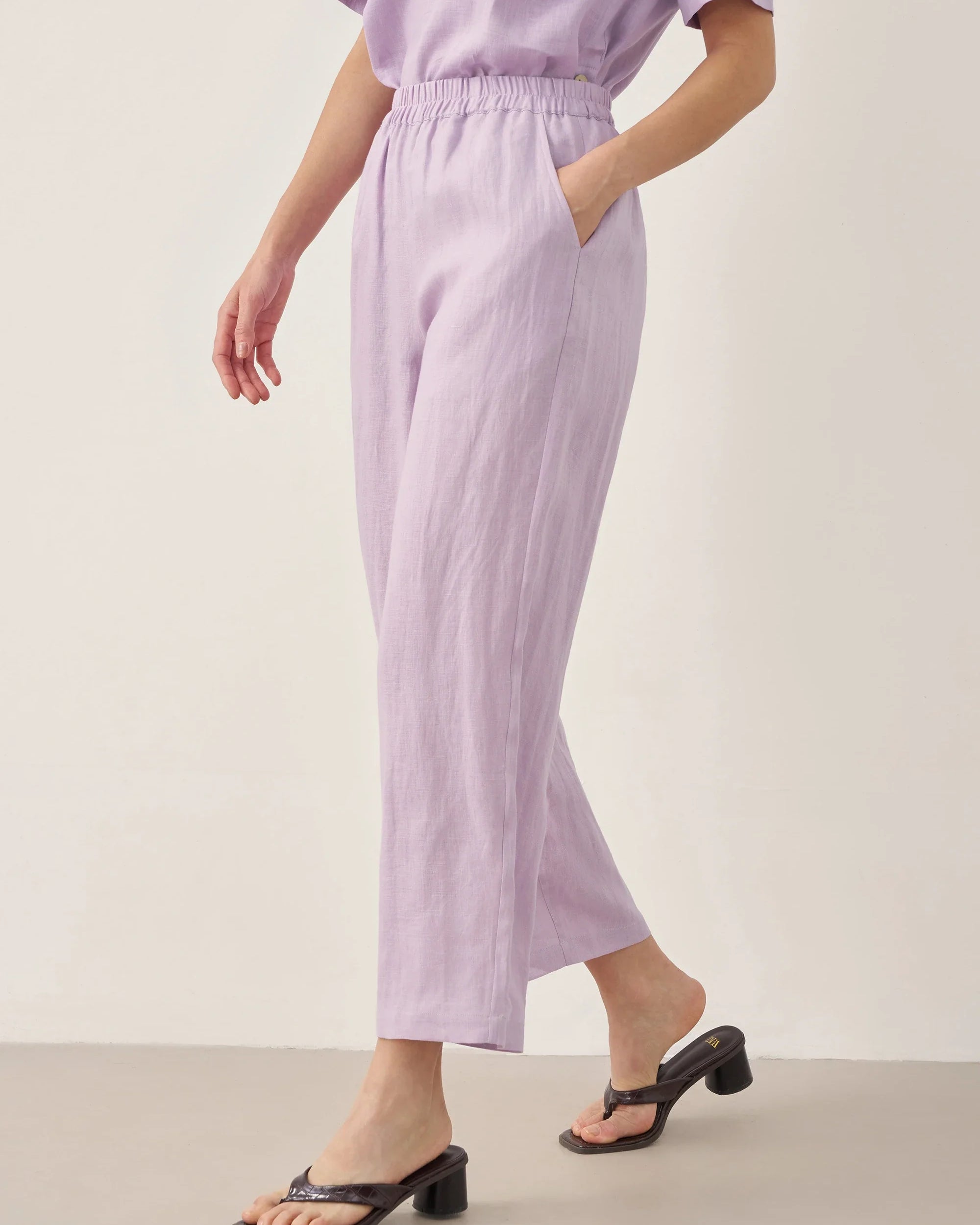 100% Linen Short-Sleeve Round Neck Button Detail Top & Pants Set - SETS-Linen Sets