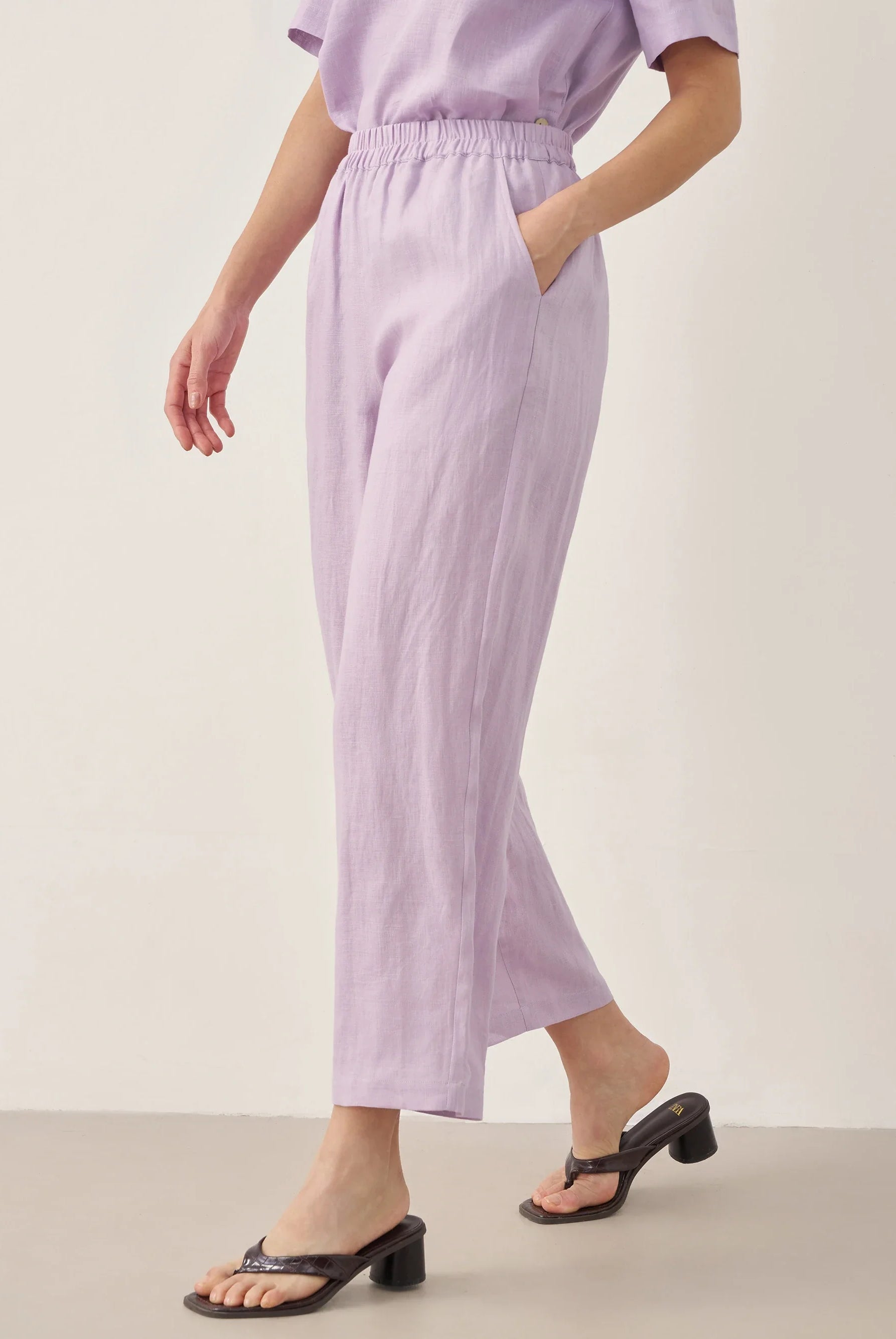 100% Linen Short-Sleeve Round Neck Button Detail Top & Pants Set - SETS-Linen Sets