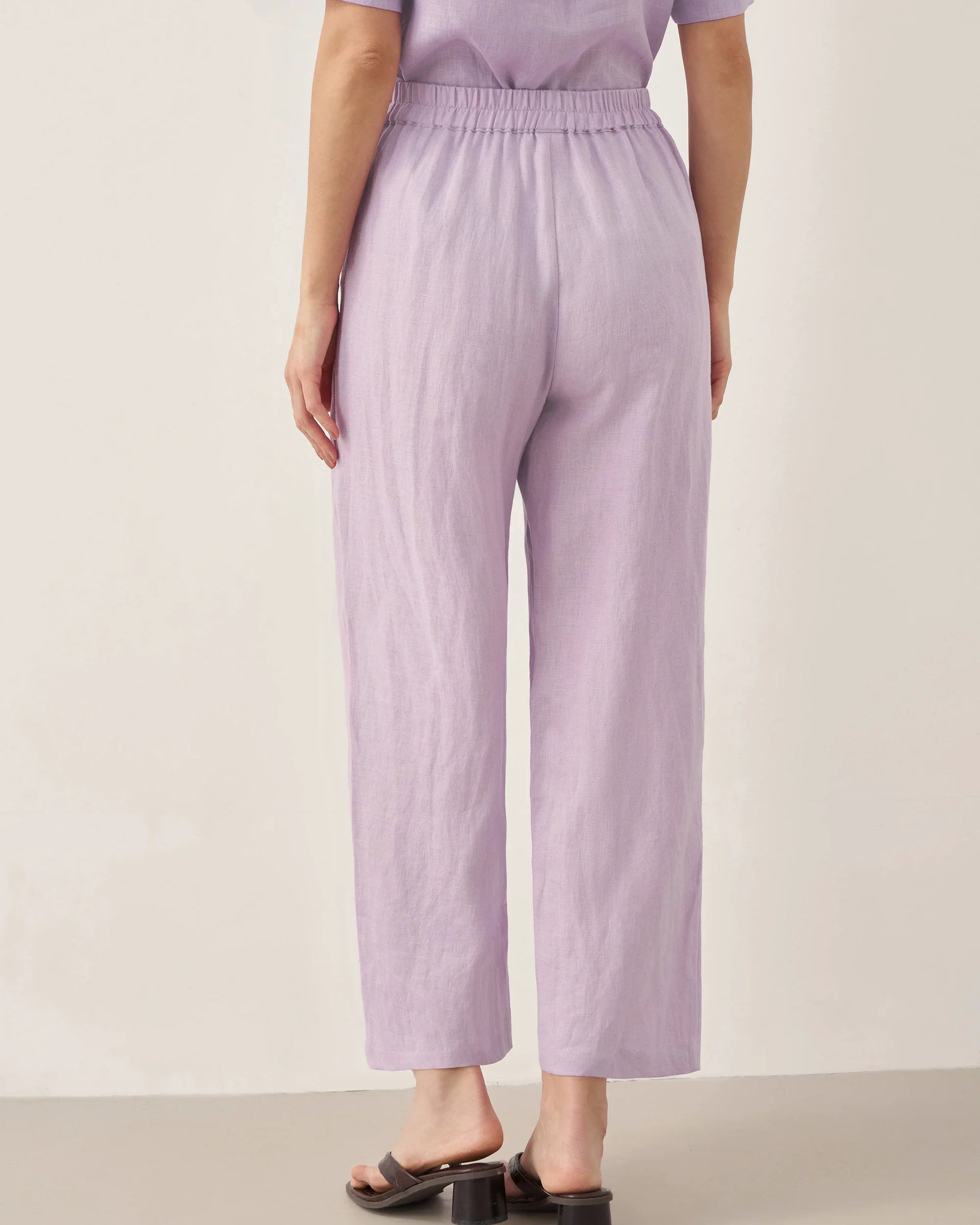 100% Linen Short-Sleeve Round Neck Button Detail Top & Pants Set - SETS-Linen Sets