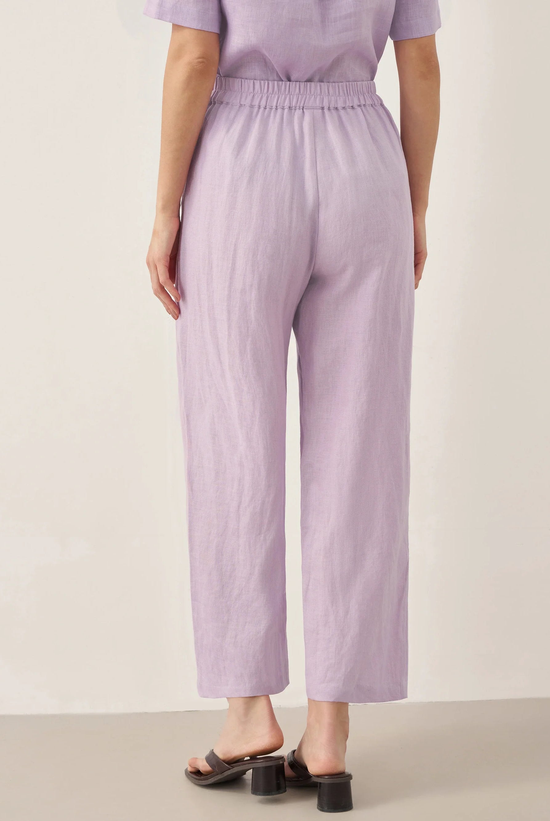 100% Linen Short-Sleeve Round Neck Button Detail Top & Pants Set - SETS-Linen Sets