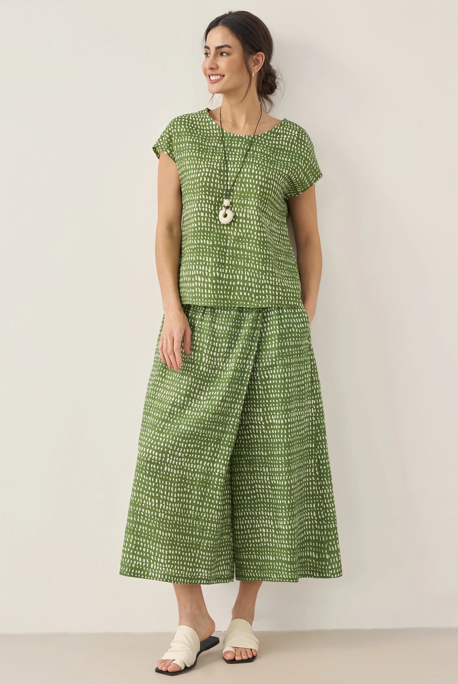 100% Linen Polka Dot Round Neck Top LISSA - TOPS-Linen Blouses