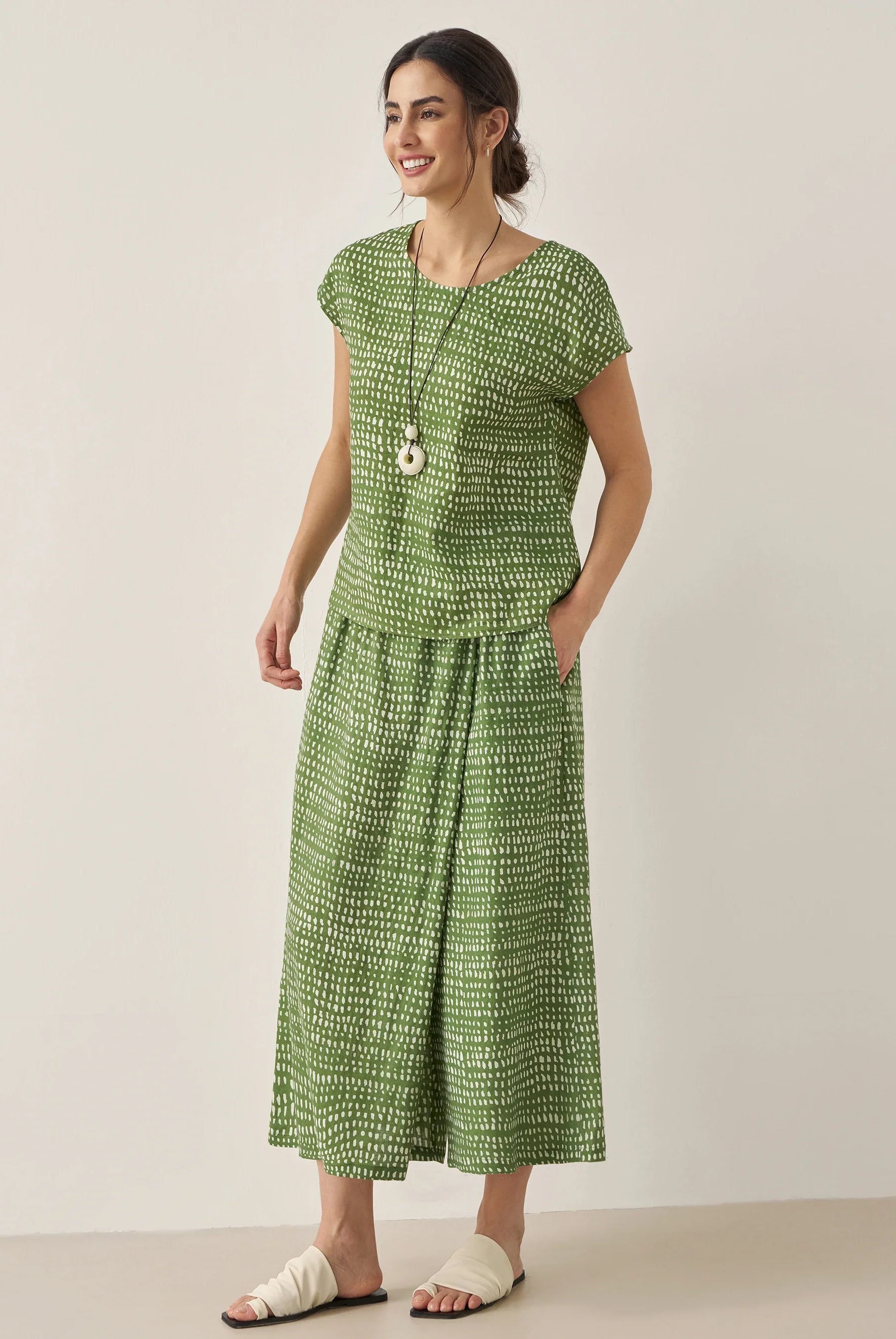 100% Linen Polka Dot Skirt-Pants with Elastic Waist LUMI - BOTTOMS-Linen Pants