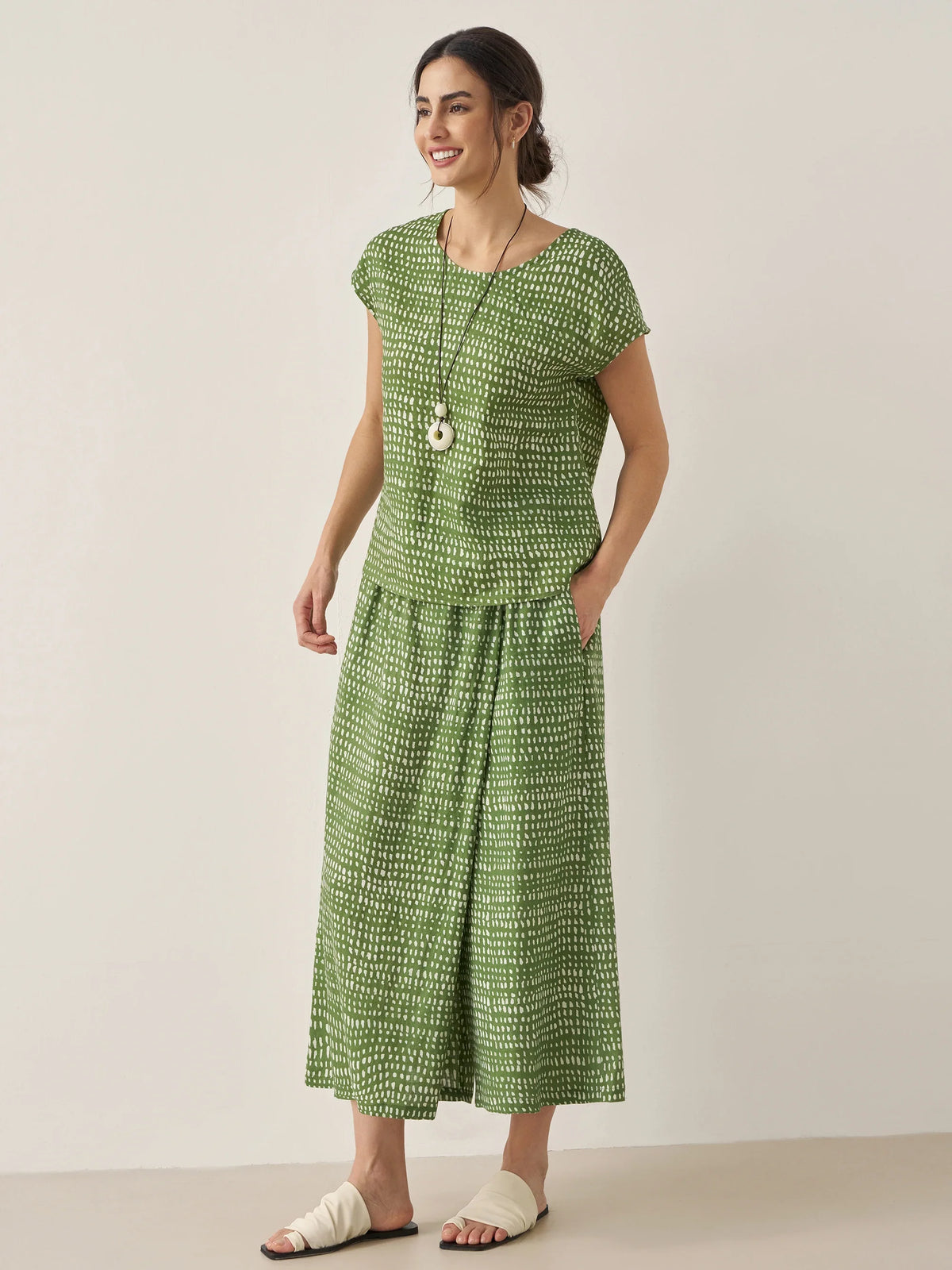 100% Linen Polka Dot Skirt-Pants with Elastic Waist LUMI - BOTTOMS-Linen Pants