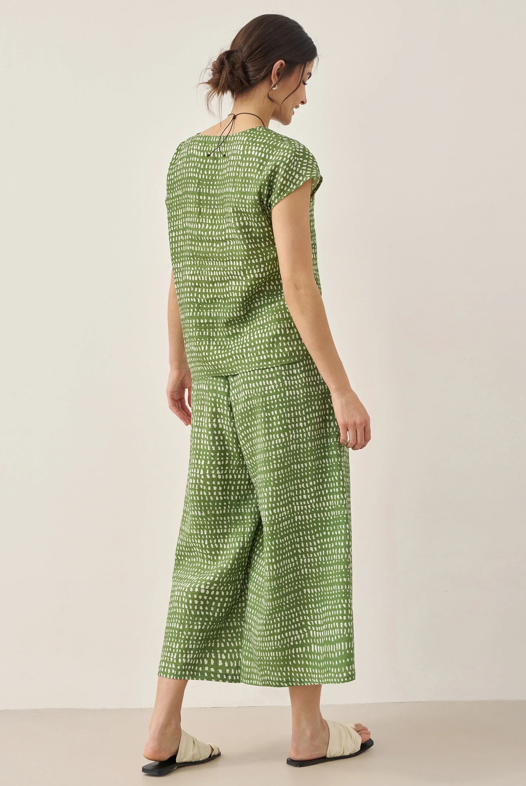 100% Linen Polka Dot Skirt-Pants with Elastic Waist LUMI - BOTTOMS-Linen Pants