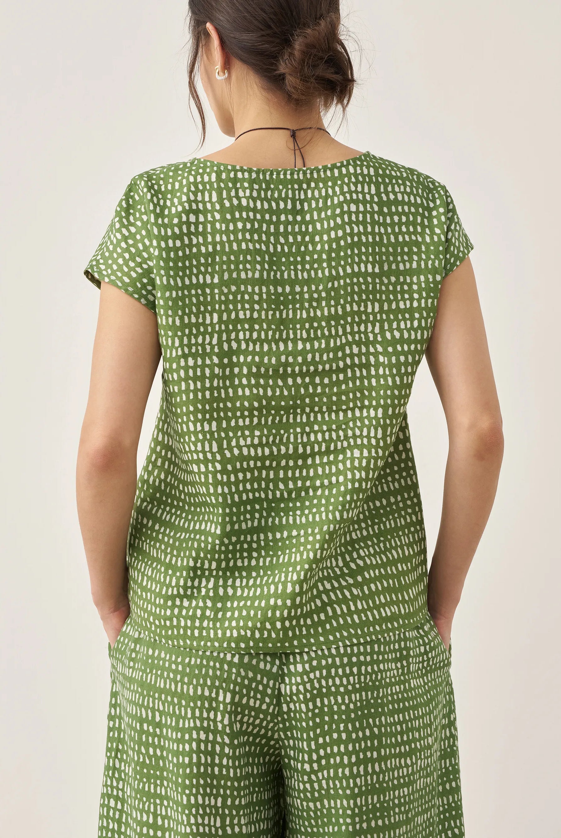 100% Linen Polka Dot Round Neck Top LISSA - TOPS-Linen Blouses