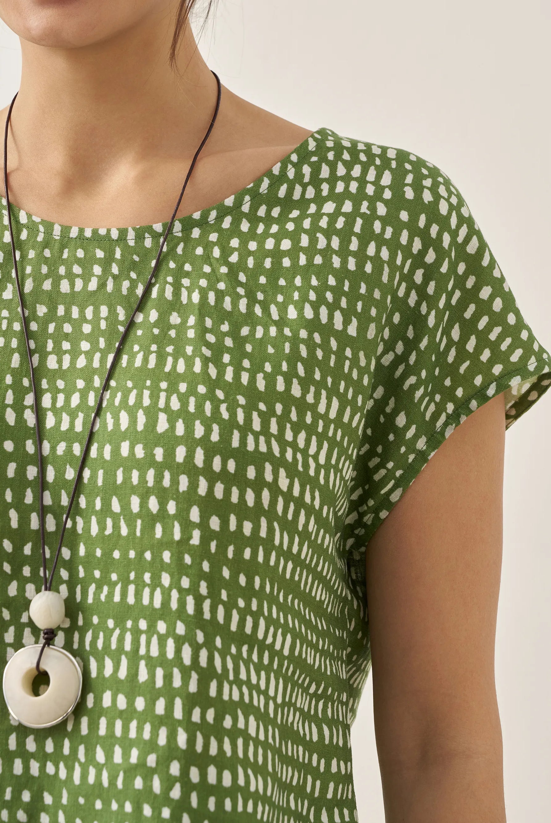 100% Linen Polka Dot Round Neck Top LISSA - TOPS-Linen Blouses