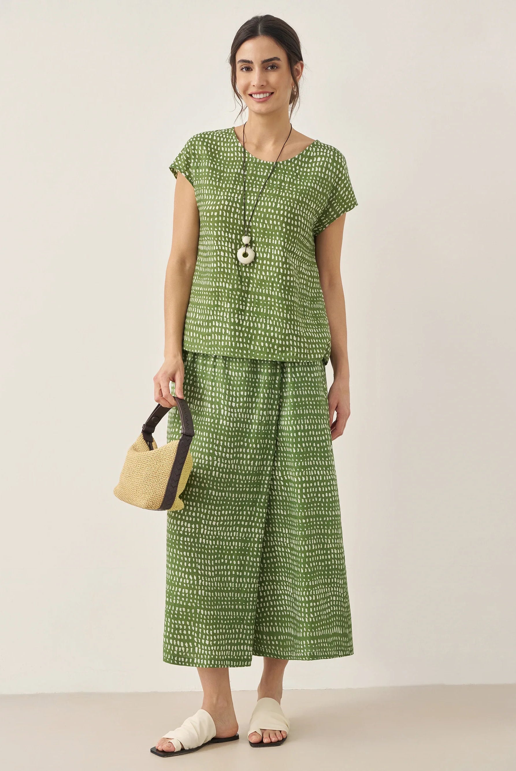 100% Linen Polka Dot Skirt-Pants with Elastic Waist LUMI - BOTTOMS-Linen Pants