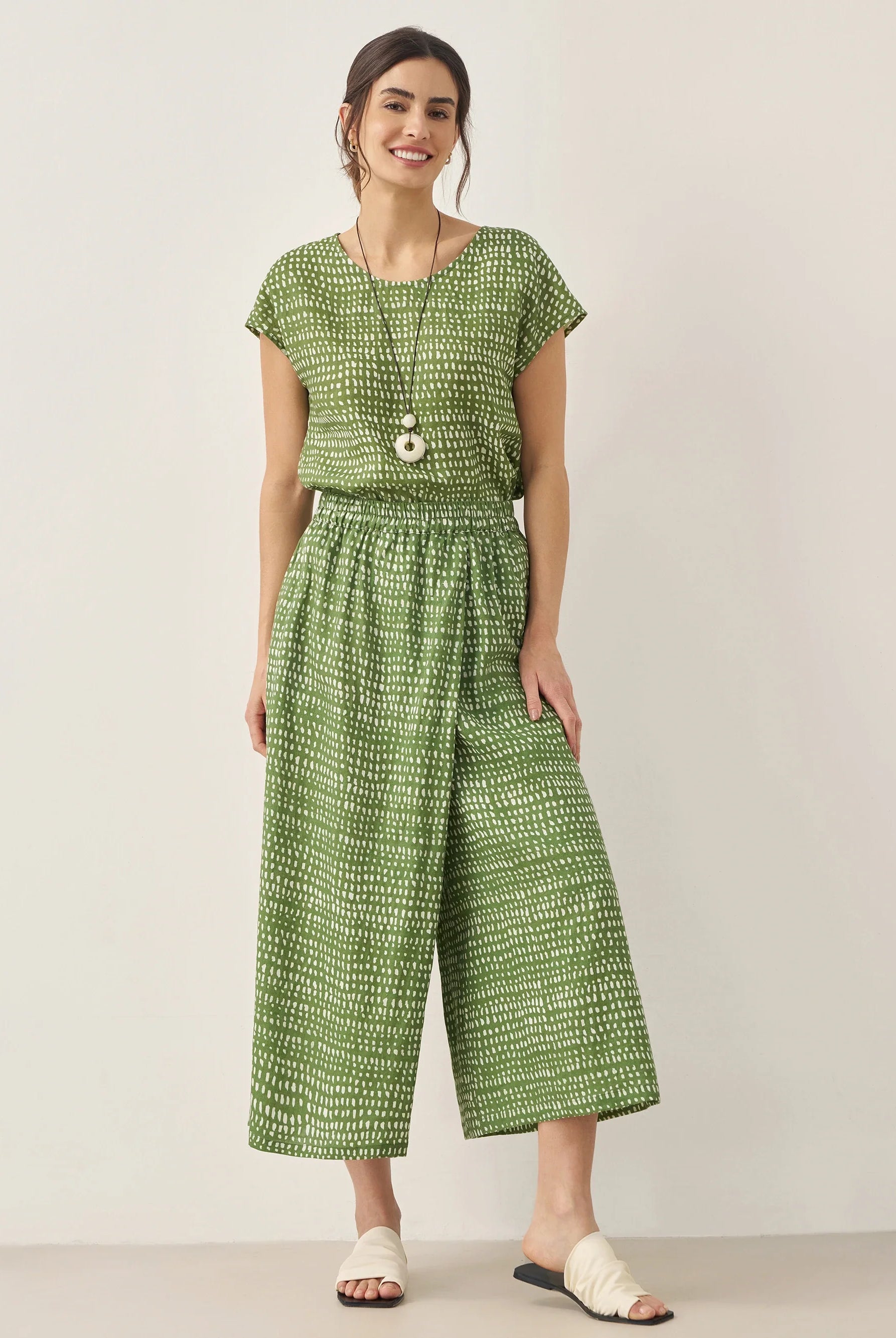 100% Linen Polka Dot Skirt-Pants with Elastic Waist LUMI - BOTTOMS-Linen Pants