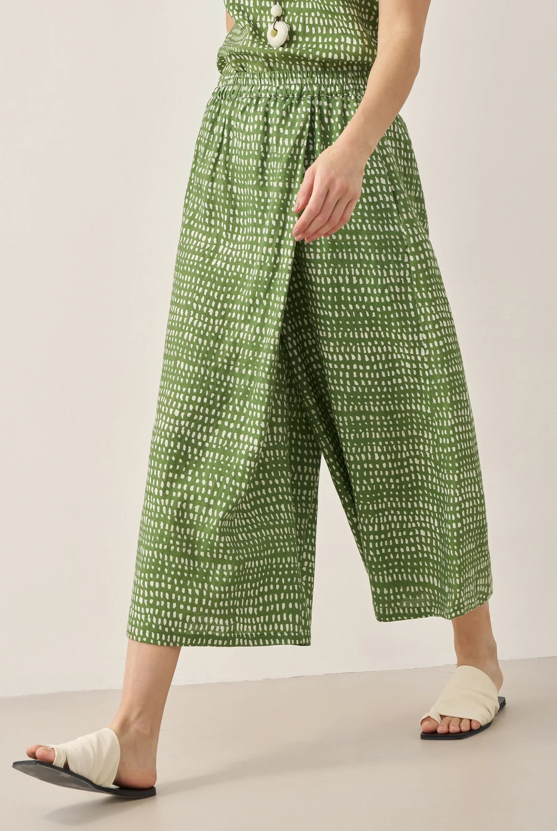 100% Linen Polka Dot Skirt-Pants with Elastic Waist LUMI - BOTTOMS-Linen Pants