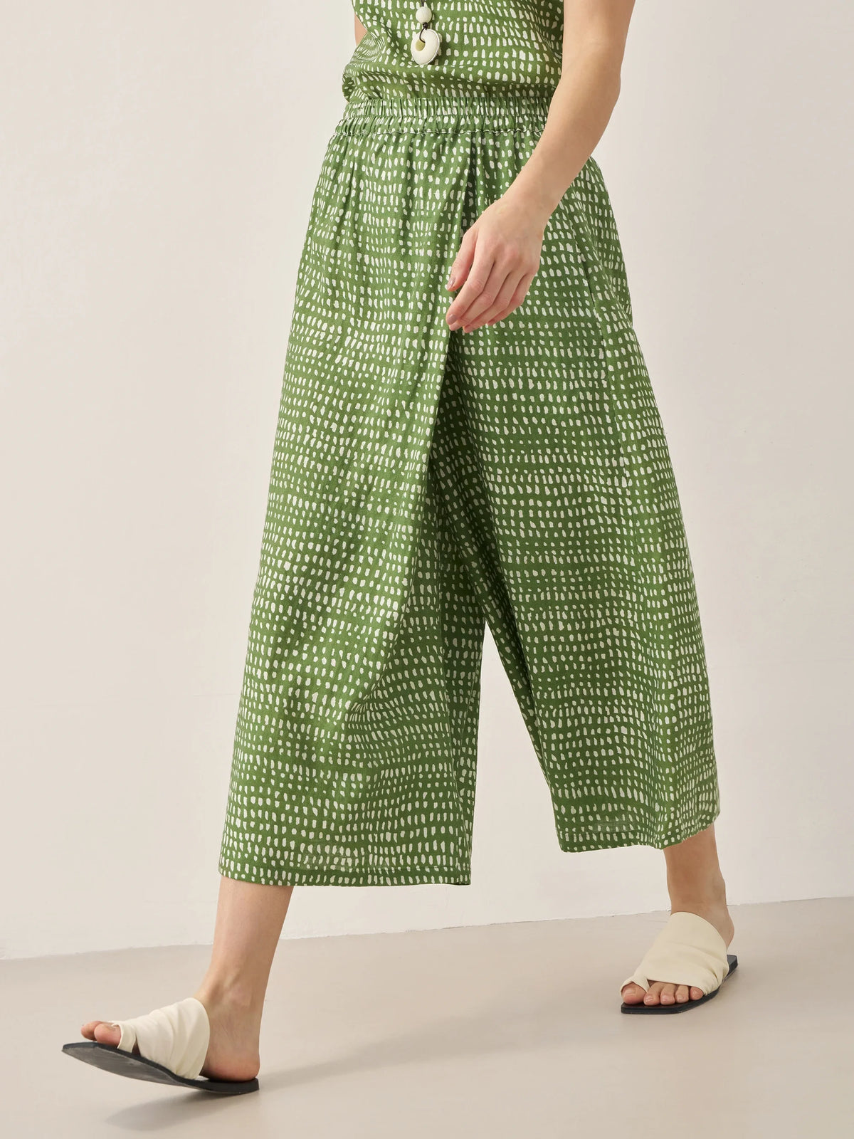 100% Linen Polka Dot Skirt-Pants with Elastic Waist LUMI - BOTTOMS-Linen Pants